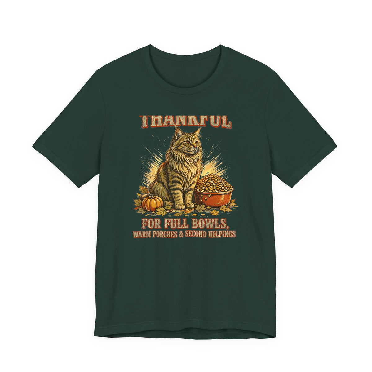 Thankful Cat T-Shirt - Full Bowls, Warm Porches & Second Helpings - Thanksgiving Cat Tee