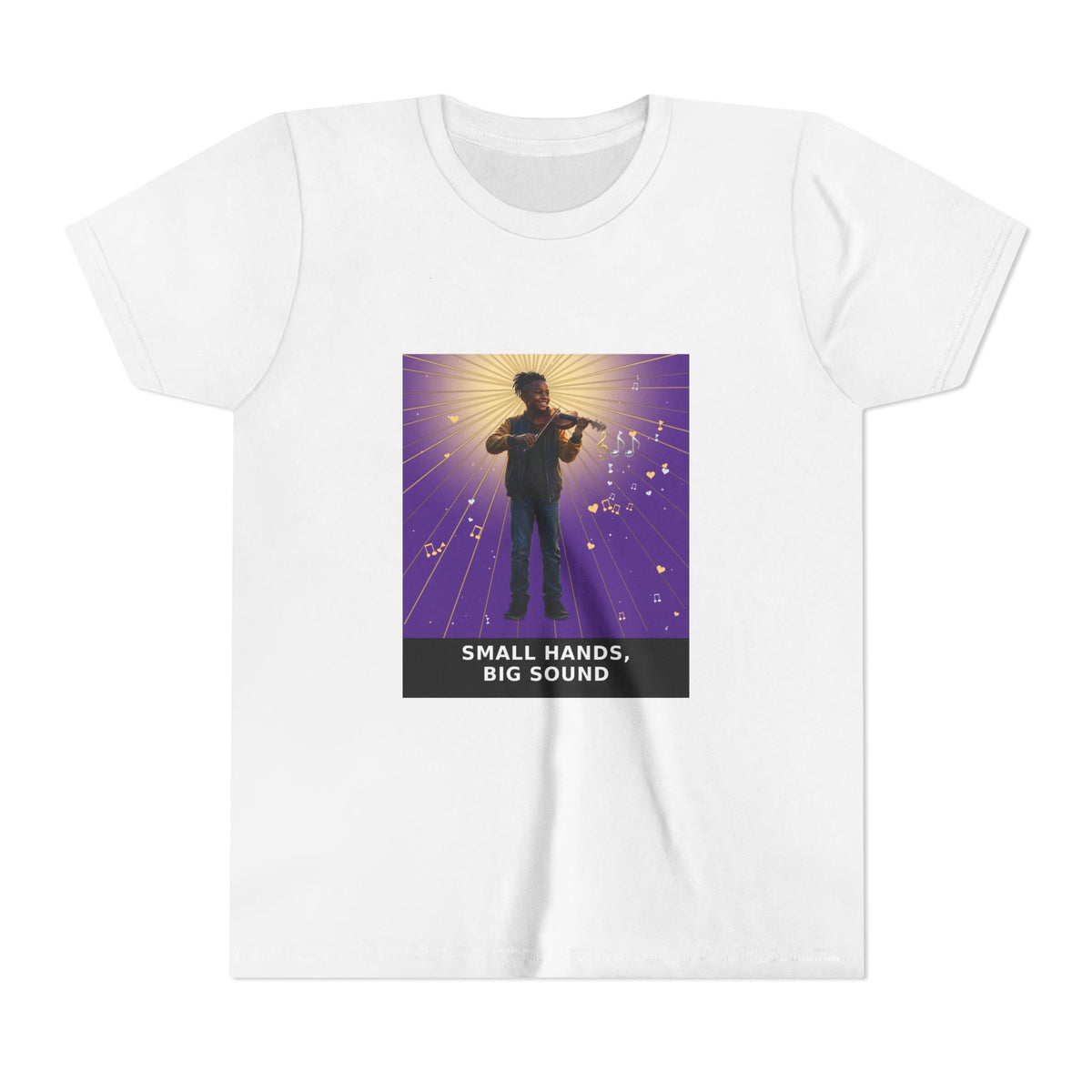 Small Hands, Big Sound — Black Boy Violin Pre-Teen Musician Tee (Royal Purple) (Front Print)