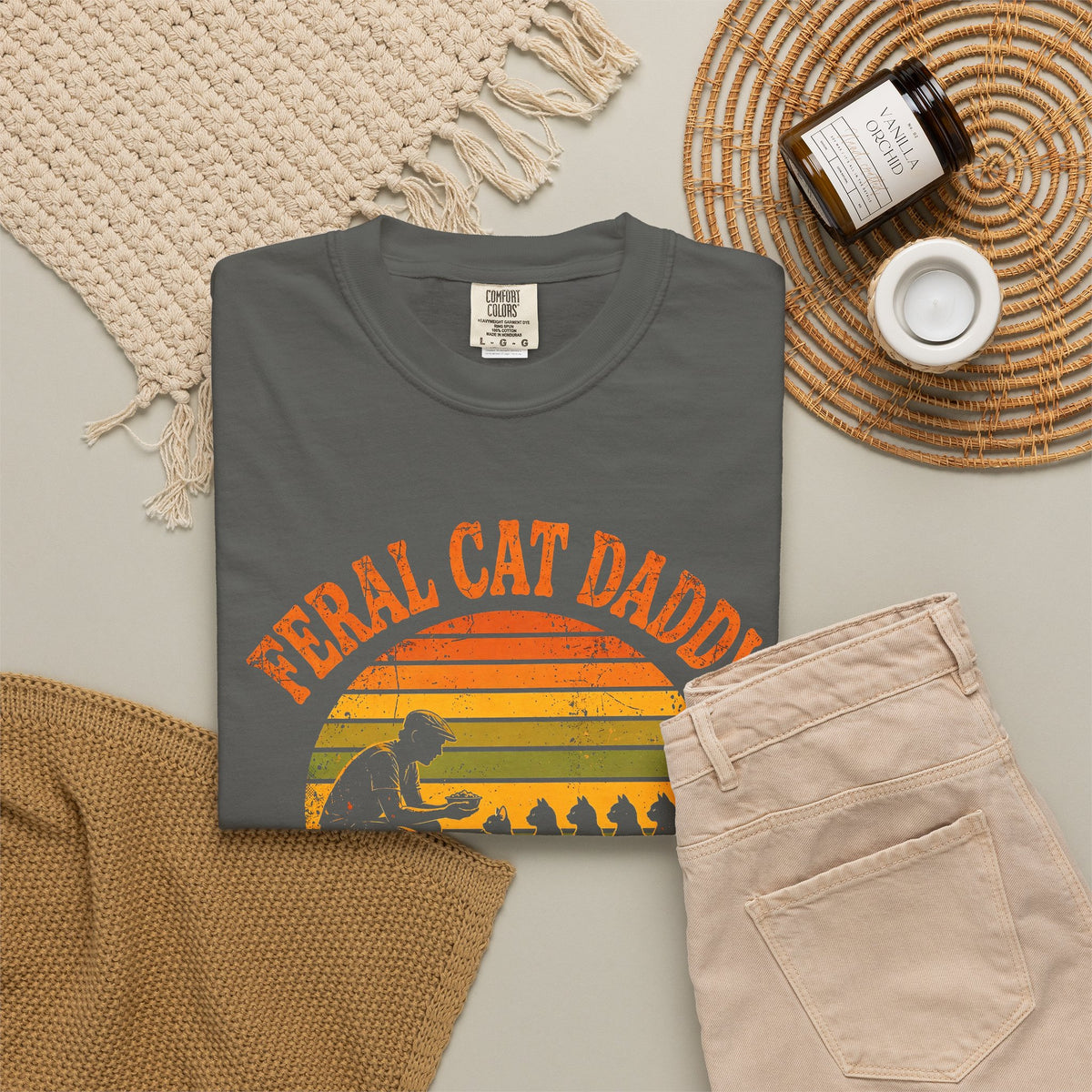 Feral Cat Daddy T-Shirt - Retro Sunset Cat Dad Tee, Est. at the 5 A.M. Feeding