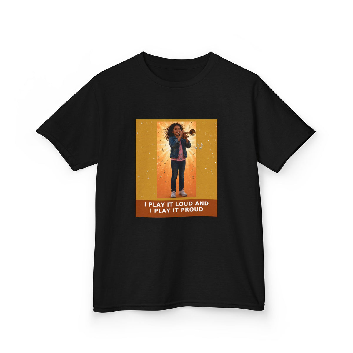 I Play It Loud and I Play It Proud — Latina Girl Trumpet Pre-Teen Musician Tee (Golden Amber) (Budget Edition) (Front Print)
