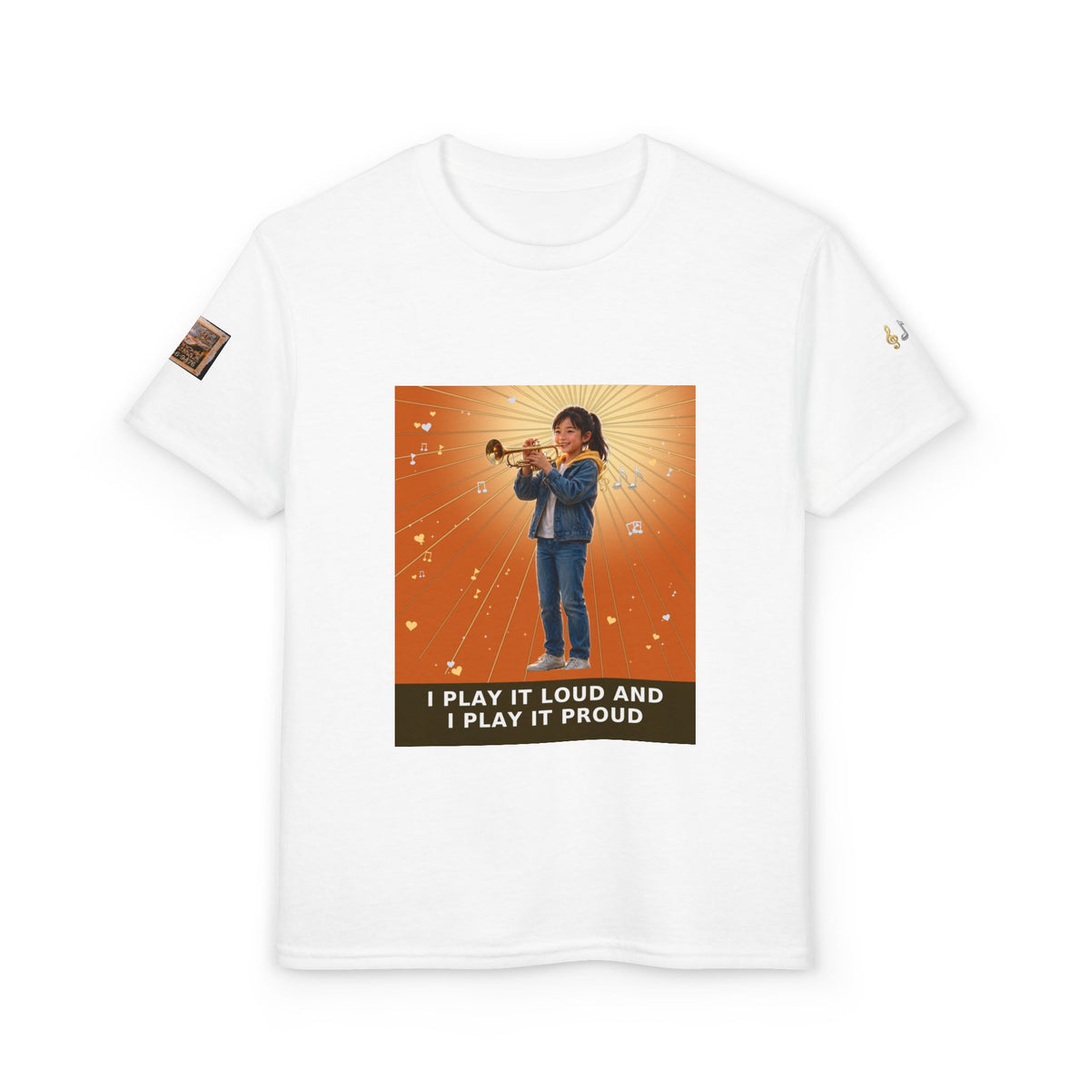 I Play It Loud and I Play It Proud — Asian Girl Trumpet Pre-Teen Musician Tee (Sunset Orange) (Budget Edition)