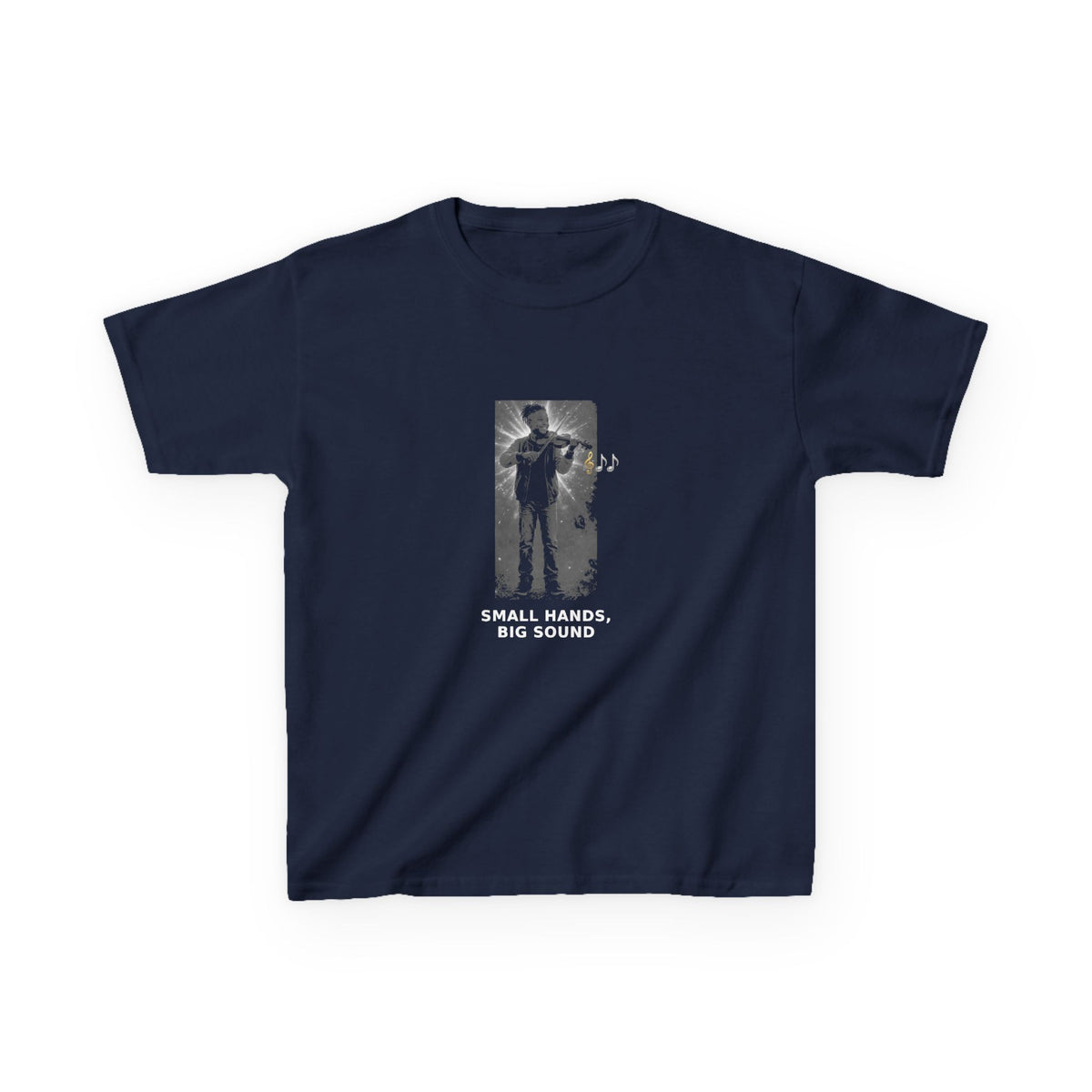 Small Hands, Big Sound — Black Boy Violin Pre-Teen Musician Tee (White Ink) (Budget Edition) (Front Print)