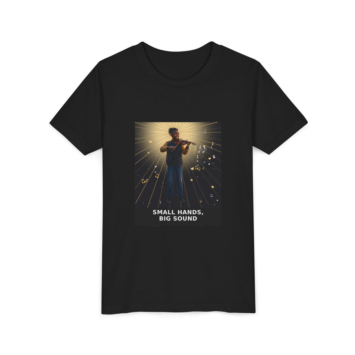 Small Hands, Big Sound — Black Boy Violin Pre-Teen Musician Tee (Front Print)