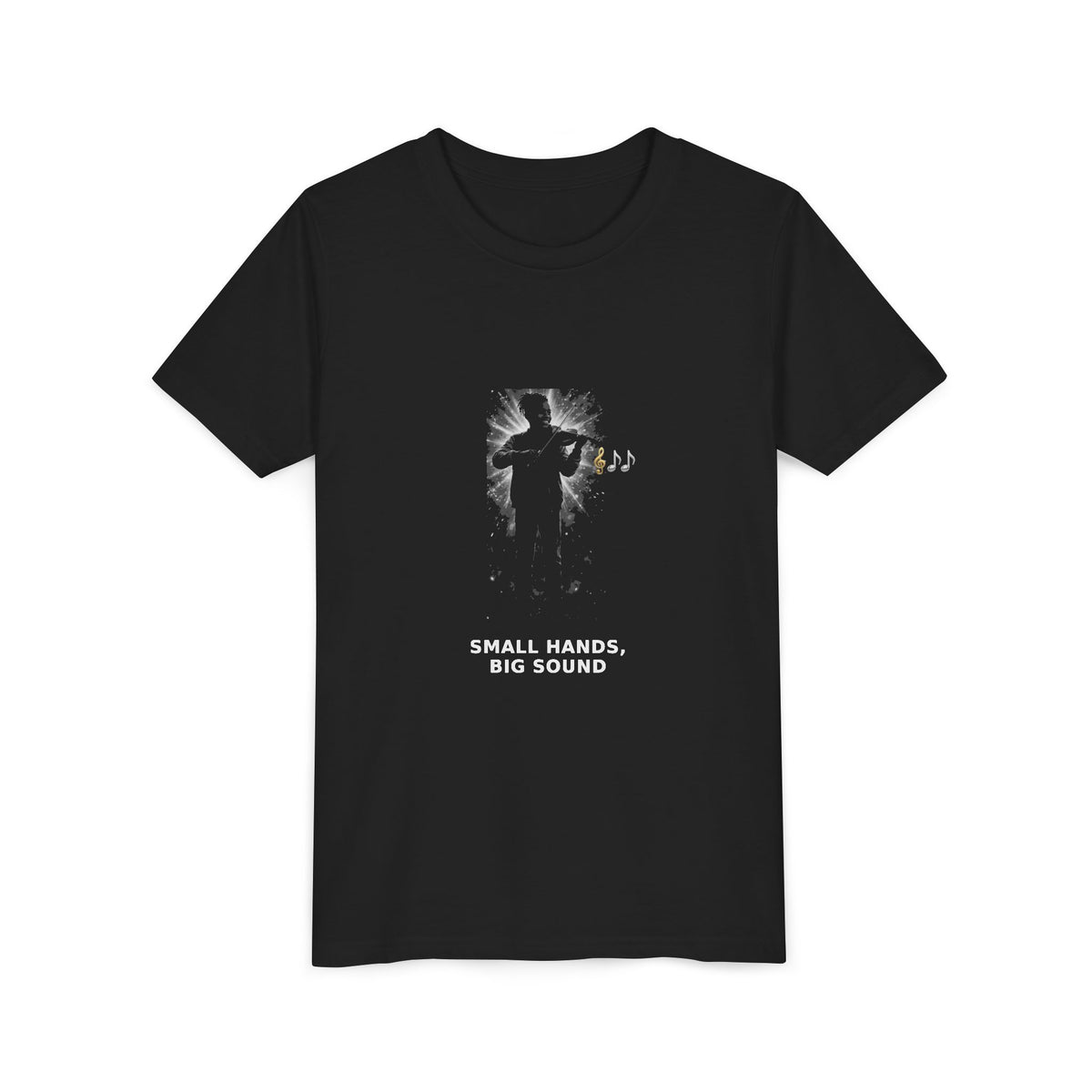 Small Hands, Big Sound — Black Boy Violin Pre-Teen Musician Tee (White Ink) (Front Print)