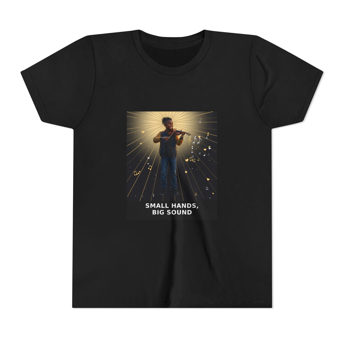 Small Hands, Big Sound — Black Boy Violin Pre-Teen Musician Tee (Front Print)