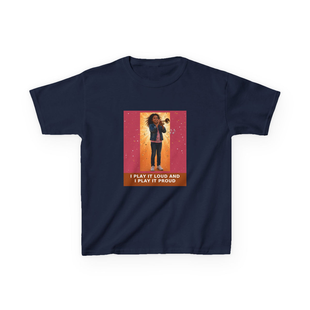 I Play It Loud and I Play It Proud — Latina Girl Trumpet Pre-Teen Musician Tee (Rose) (Budget Edition) (Front Print)