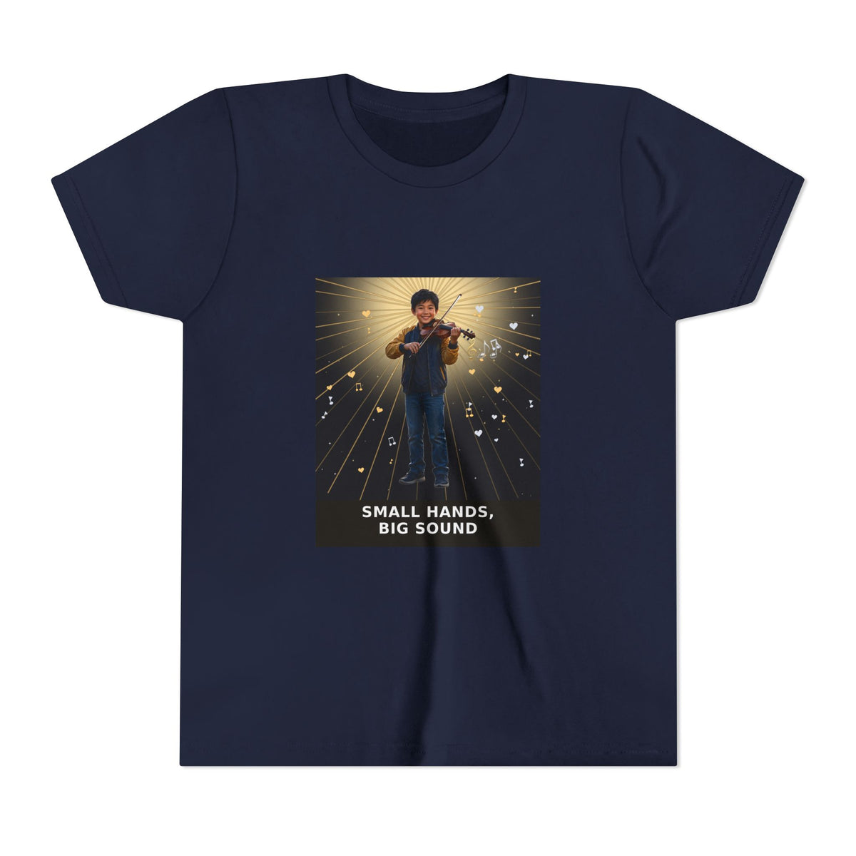 Small Hands, Big Sound — Asian Boy Violin Pre-Teen Musician Tee (Front Print)