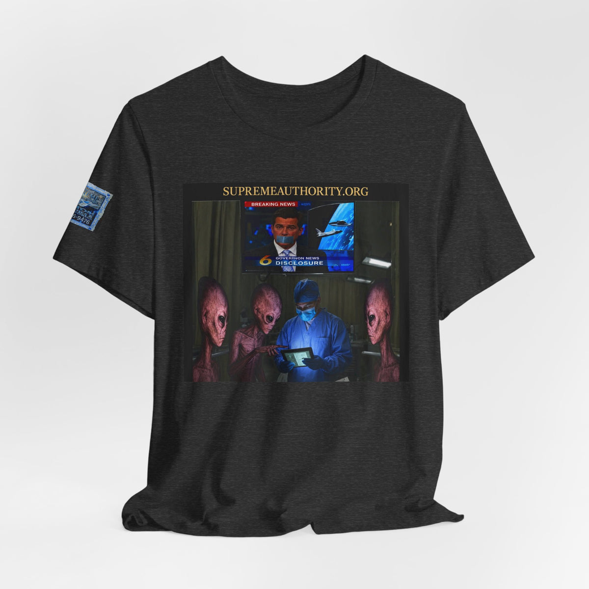 Alien Disclosure T-Shirt - UFO News Cover-Up, Funny Alien Surgery Art, Badge Sleeve