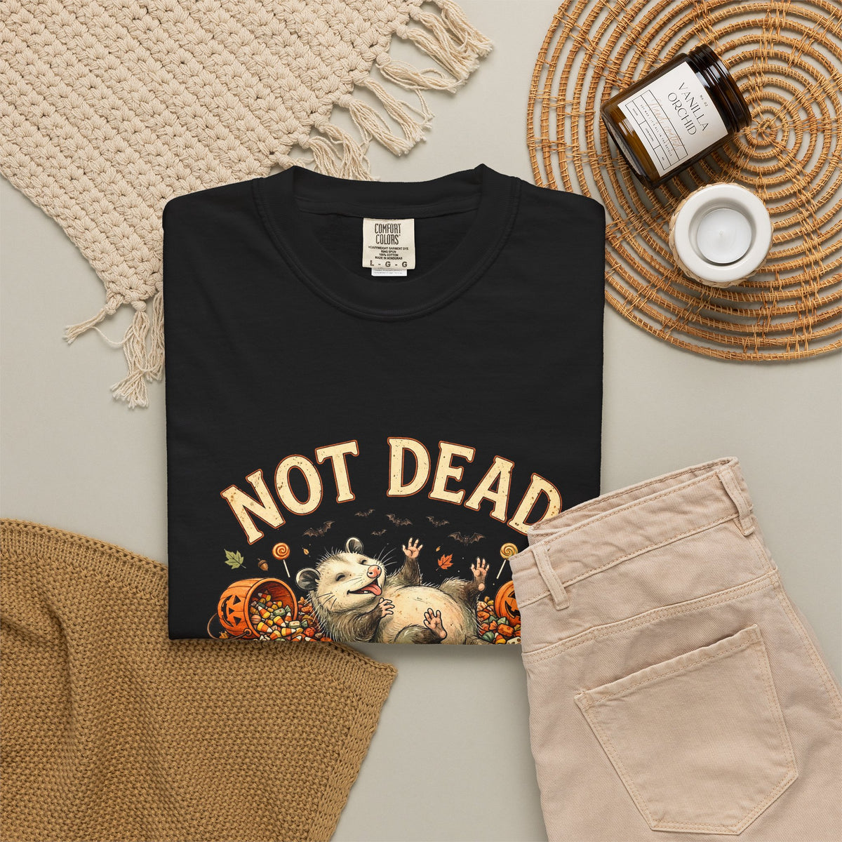 Possum Halloween T-Shirt - Not Dead Just in a Candy Coma Funny Opossum Vintage Tee, Spooky Candy Pile Gift