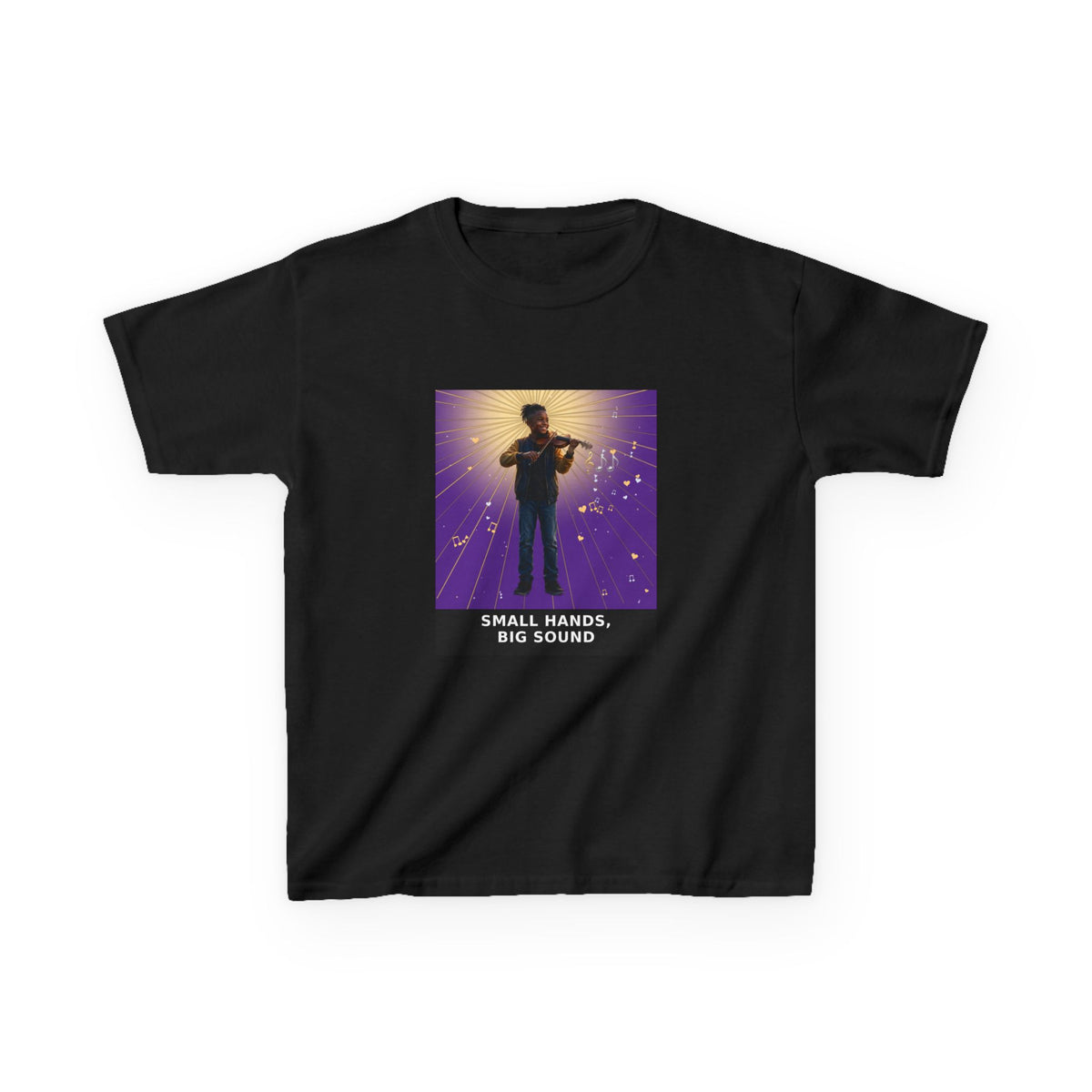 Small Hands, Big Sound — Black Boy Violin Pre-Teen Musician Tee (Royal Purple) (Budget Edition) (Front Print)