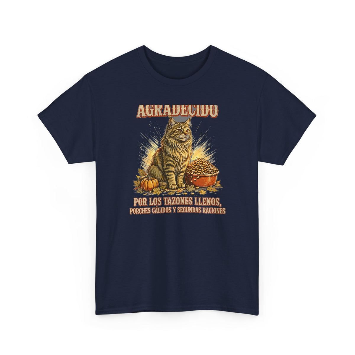 Gato Agradecido - Camiseta de Accion de Gracias en Espanol - Por Los Tazones Llenos - Edicion Economica