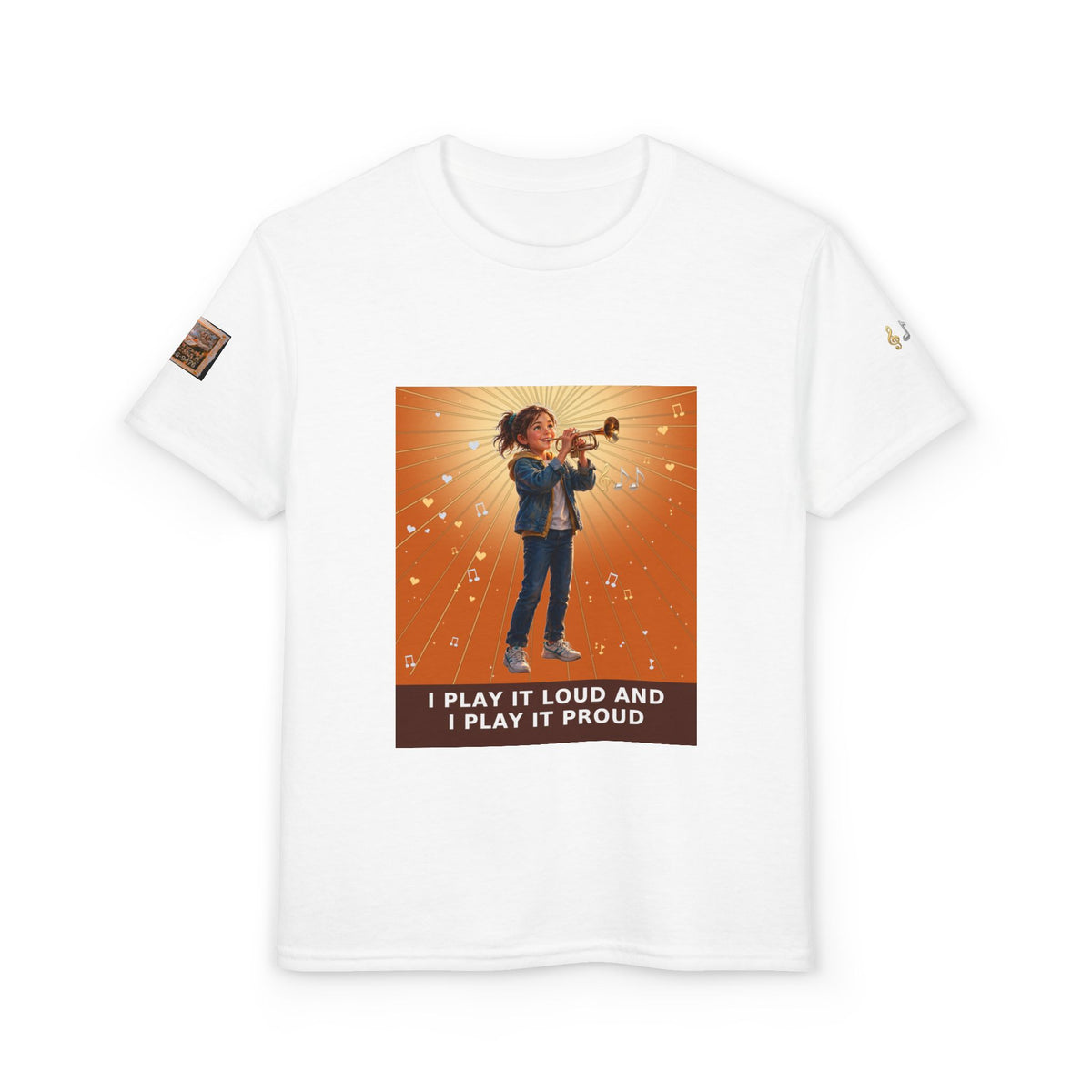 I Play It Loud and I Play It Proud — Girl Trumpet Pre-Teen Musician Tee (Sunset Orange) (Budget Edition)