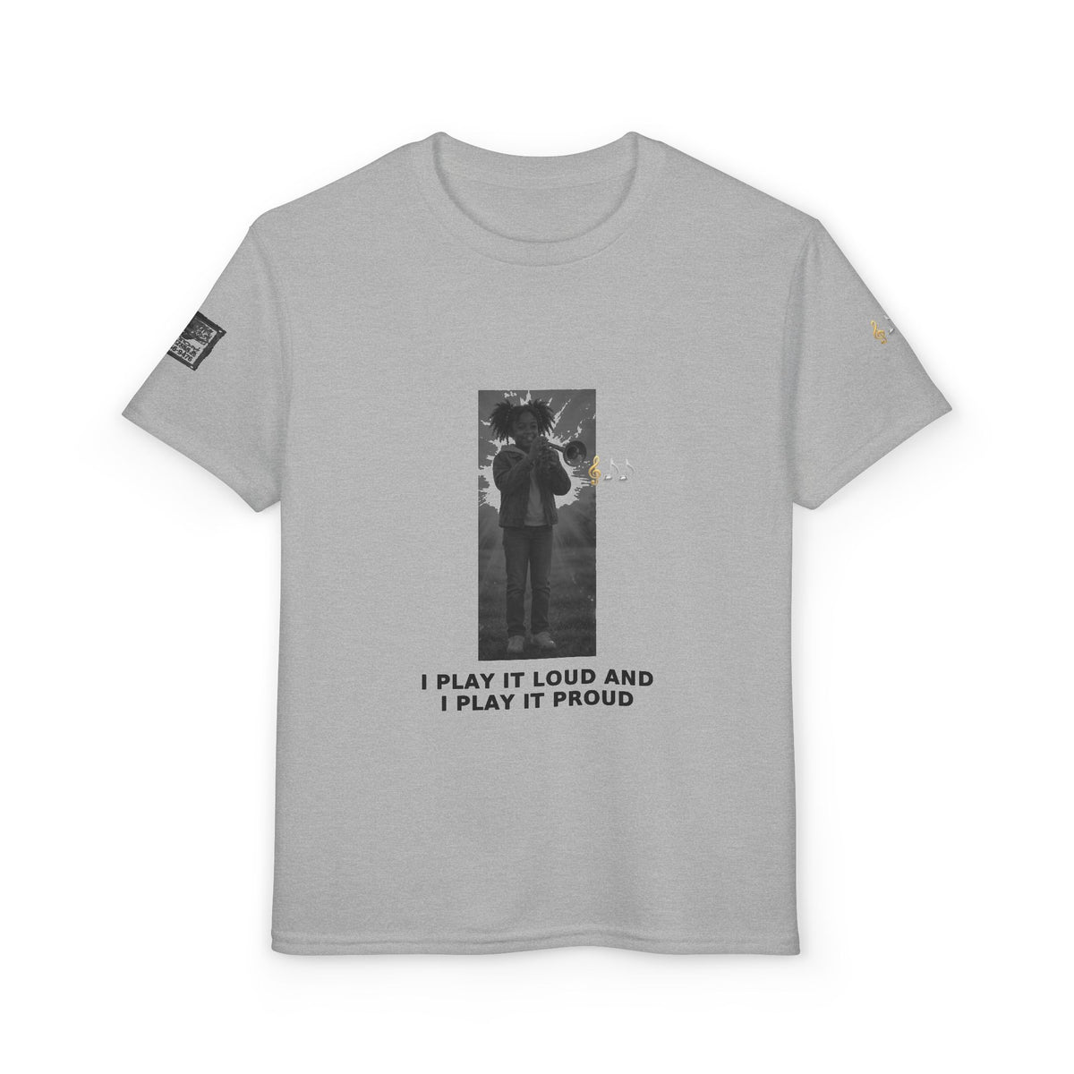I Play It Loud and I Play It Proud — Black Girl Trumpet Pre-Teen Musician Tee (Black Ink)