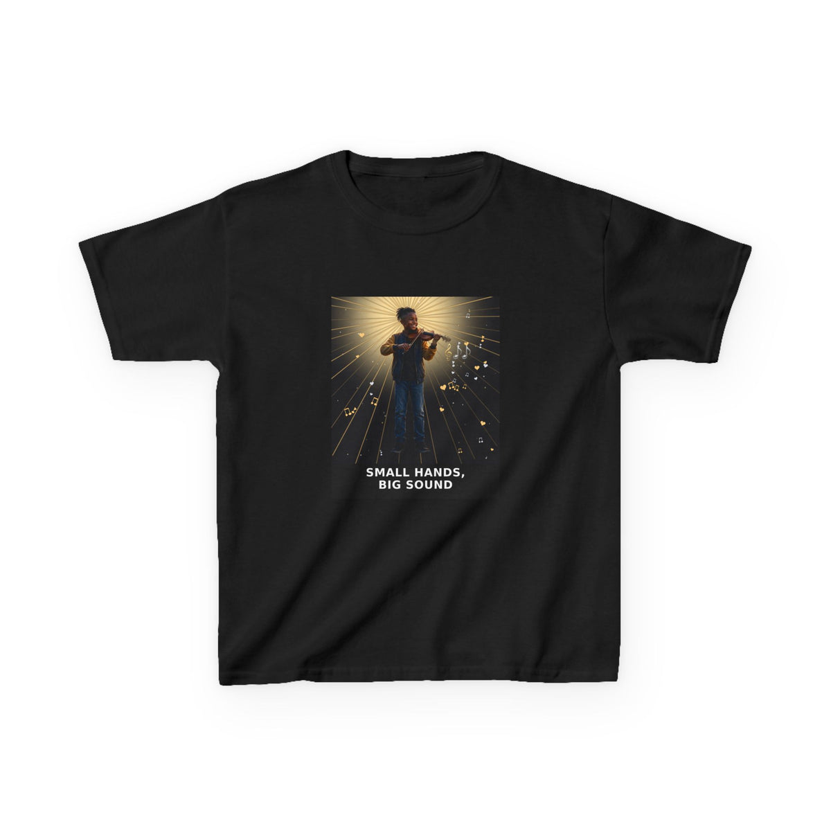 Small Hands, Big Sound — Black Boy Violin Pre-Teen Musician Tee (Budget Edition) (Front Print)