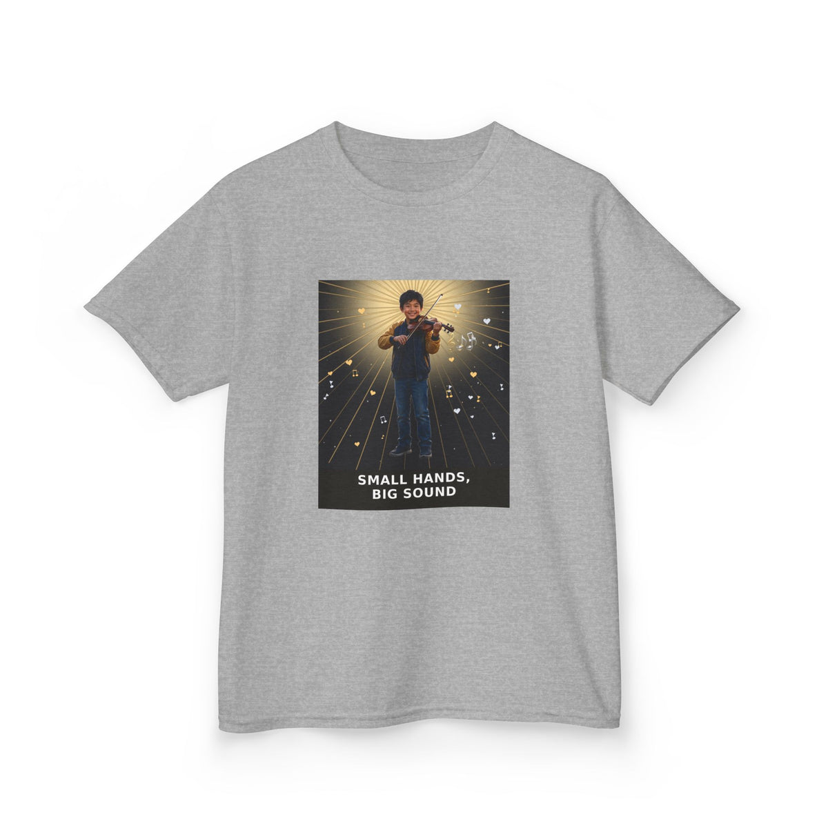 Small Hands, Big Sound — Asian Boy Violin Pre-Teen Musician Tee (Budget Edition) (Front Print)
