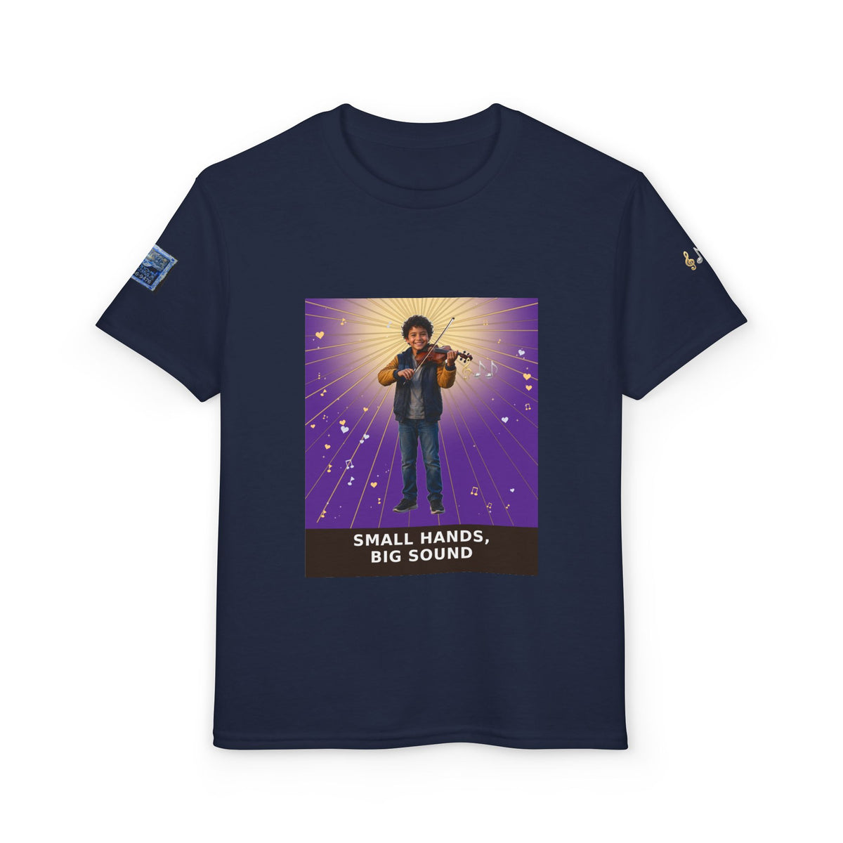 Small Hands, Big Sound — Latino Boy Violin Pre-Teen Musician Tee (Royal Purple)