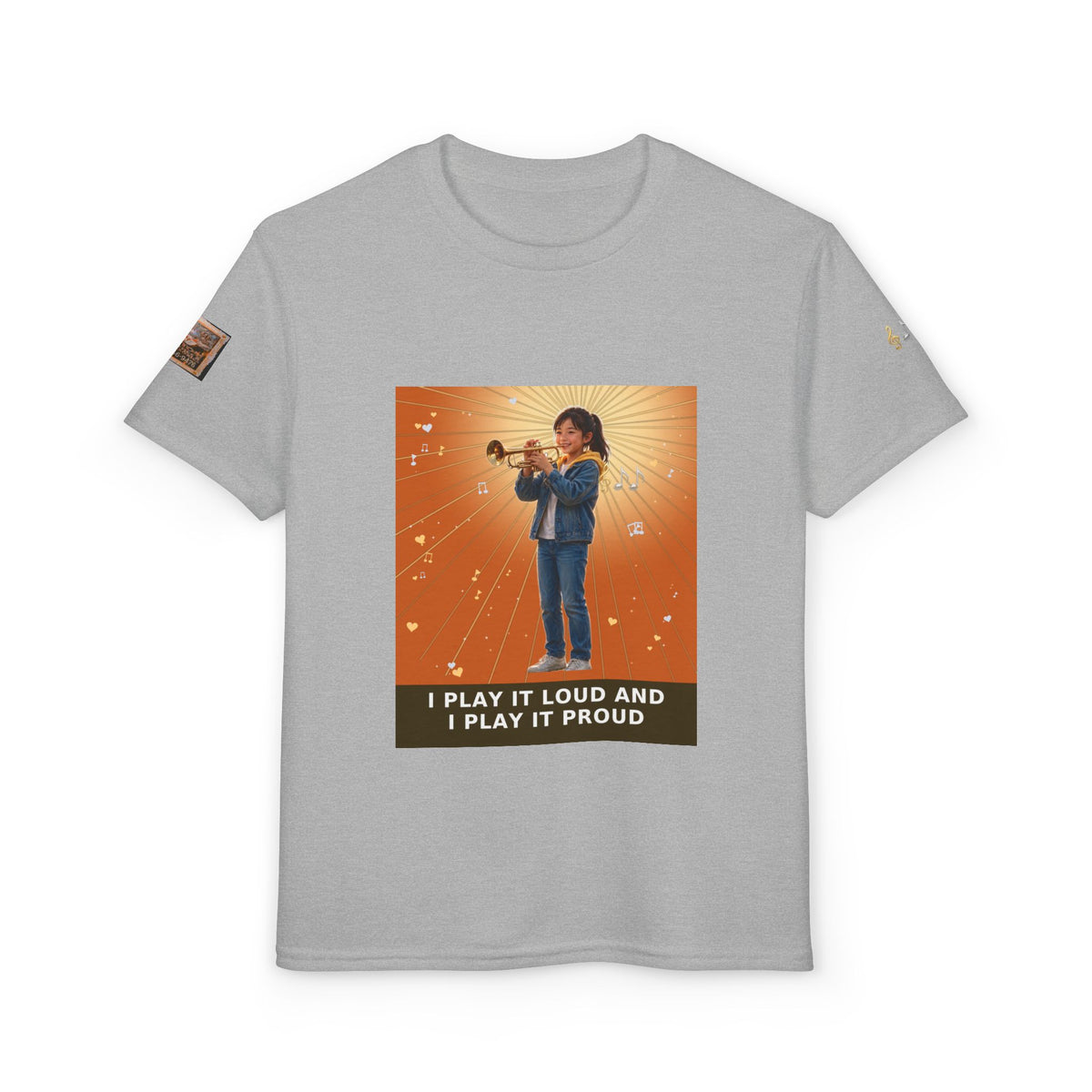 I Play It Loud and I Play It Proud — Asian Girl Trumpet Pre-Teen Musician Tee (Sunset Orange) (Budget Edition)