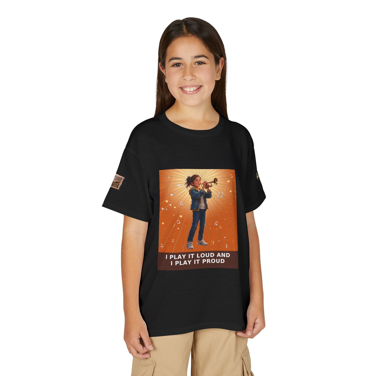 I Play It Loud and I Play It Proud — Girl Trumpet Pre-Teen Musician Tee (Sunset Orange) (Budget Edition)