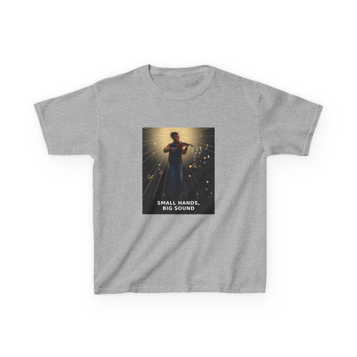 Small Hands, Big Sound — Black Boy Violin Pre-Teen Musician Tee (Budget Edition) (Front Print)
