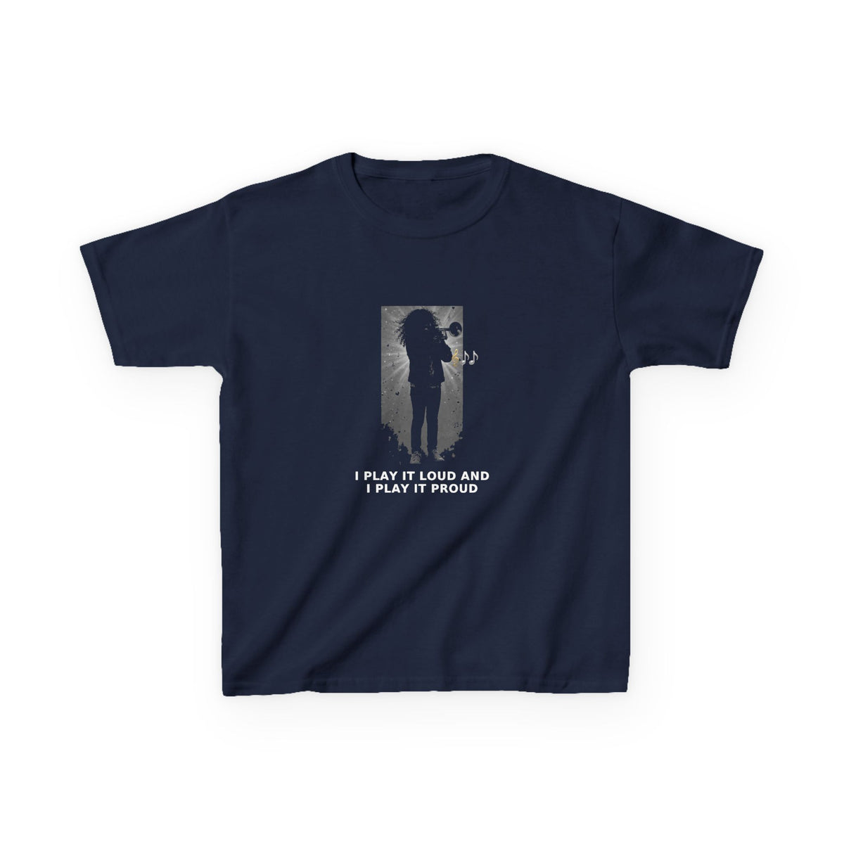 I Play It Loud and I Play It Proud — Latina Girl Trumpet Pre-Teen Musician Tee (White Ink) (Budget Edition) (Front Print)