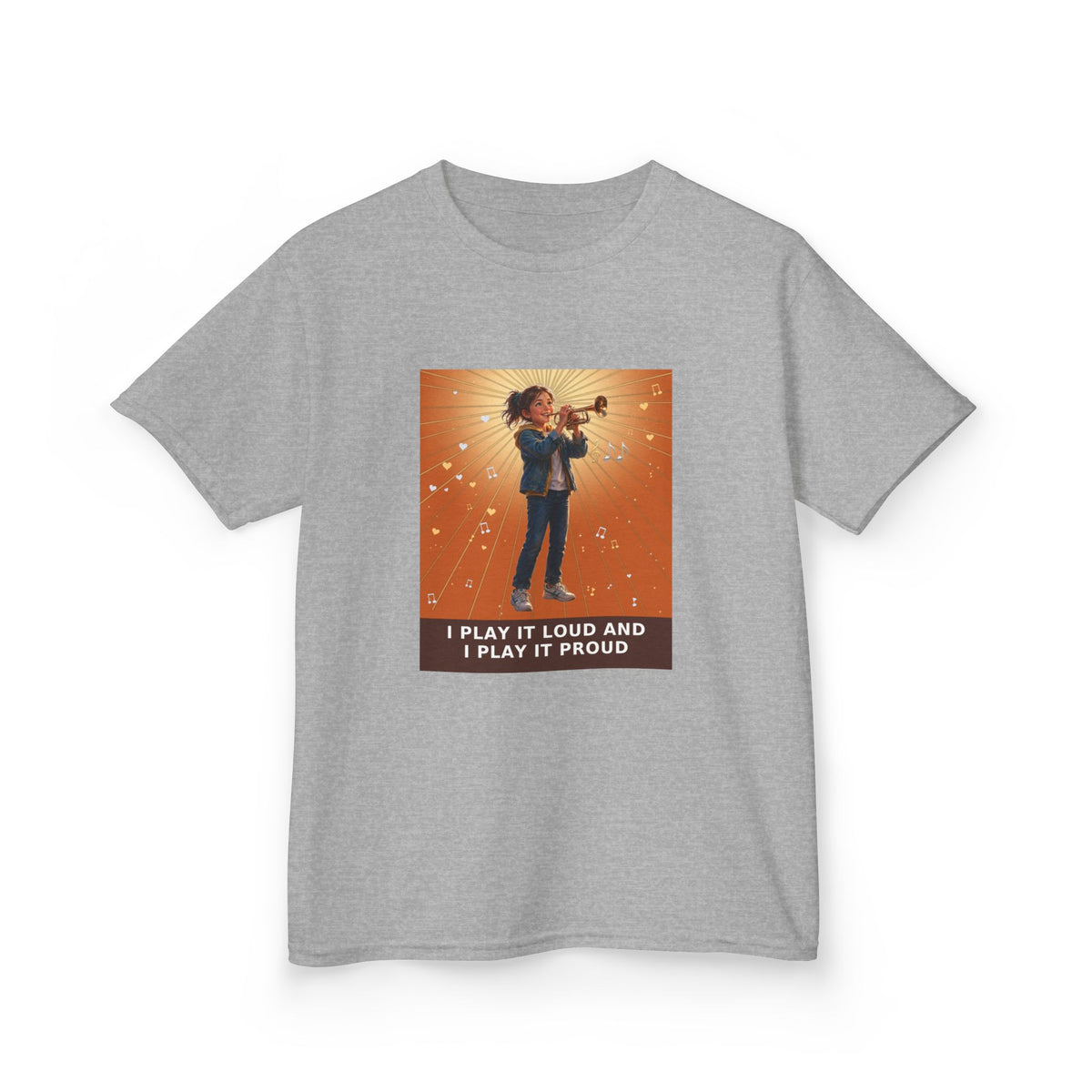 I Play It Loud and I Play It Proud — Girl Trumpet Pre-Teen Musician Tee (Sunset Orange) (Budget Edition) (Front Print)
