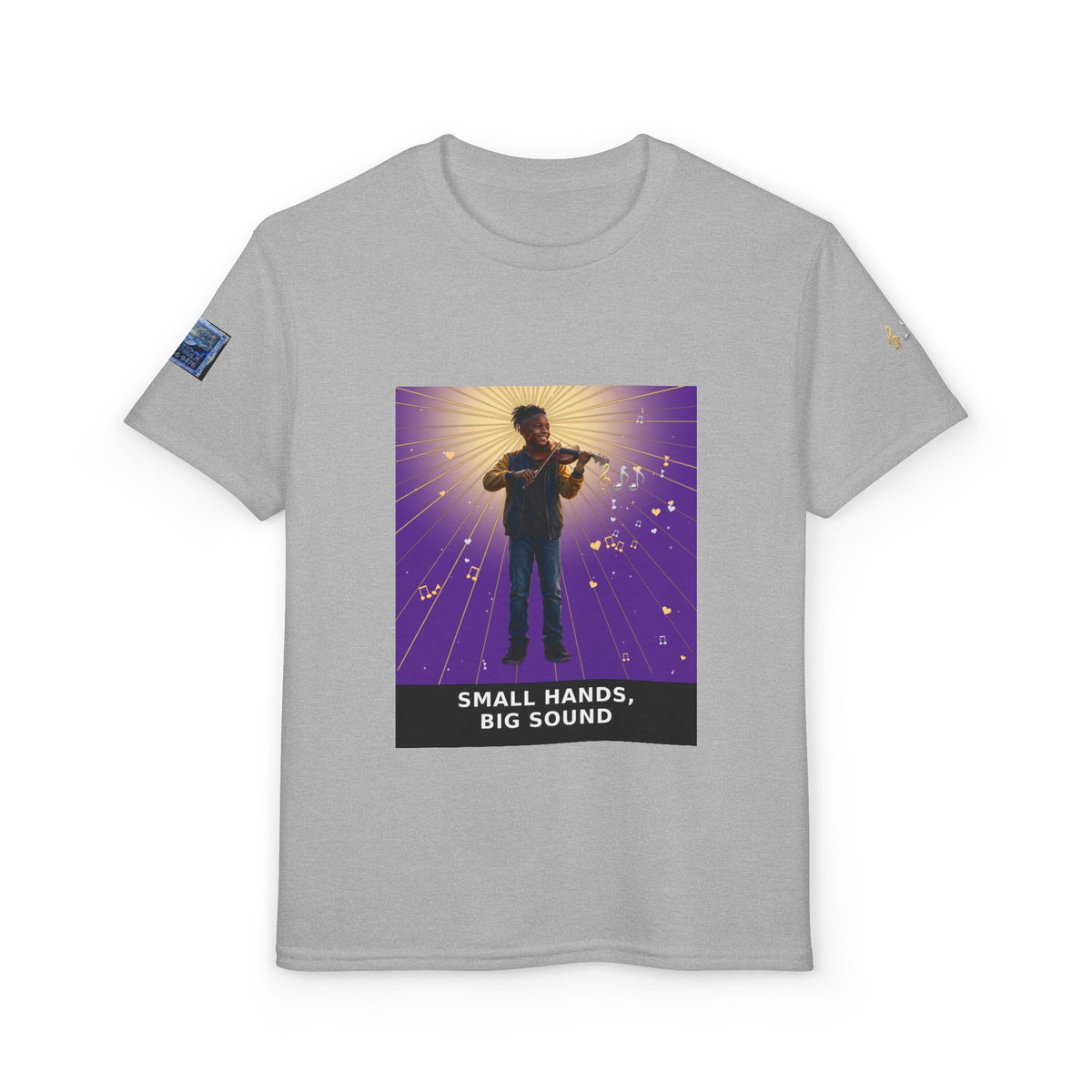 Small Hands, Big Sound — Black Boy Violin Pre-Teen Musician Tee (Royal Purple) (Budget Edition)
