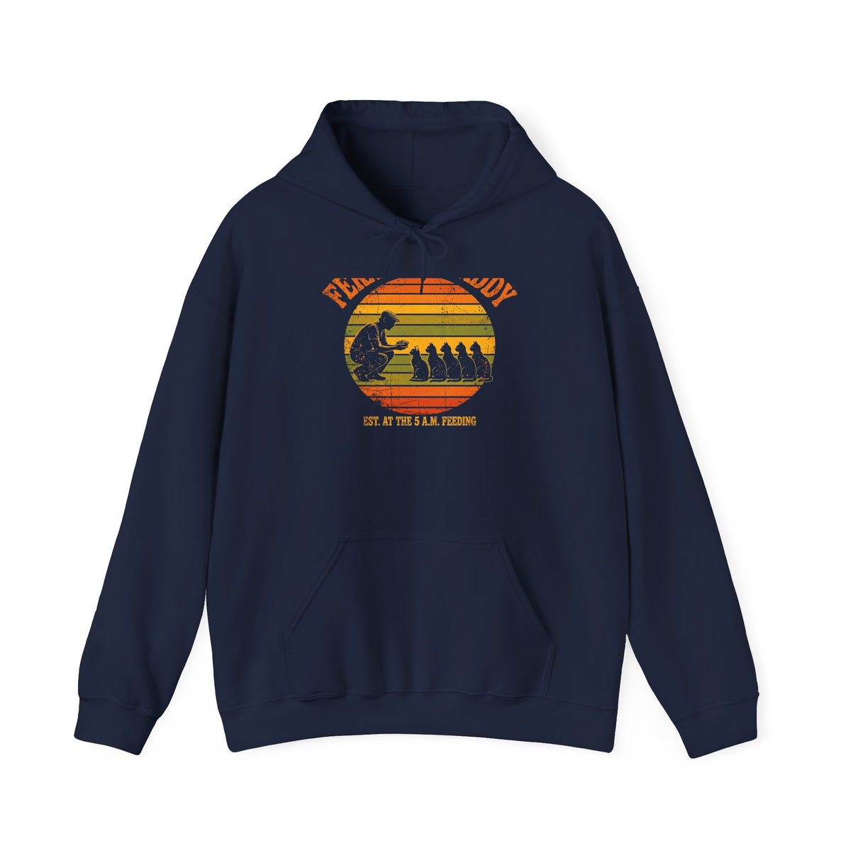 Feral Cat Daddy Hoodie - Retro Sunset Cat Dad Pullover, Est. at the 5 A.M. Feeding - Budget Edition
