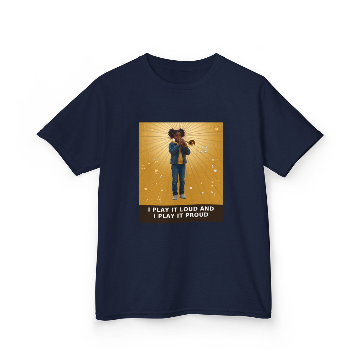 I Play It Loud and I Play It Proud — Black Girl Trumpet Pre-Teen Musician Tee (Golden Amber) (Budget Edition) (Front Print)