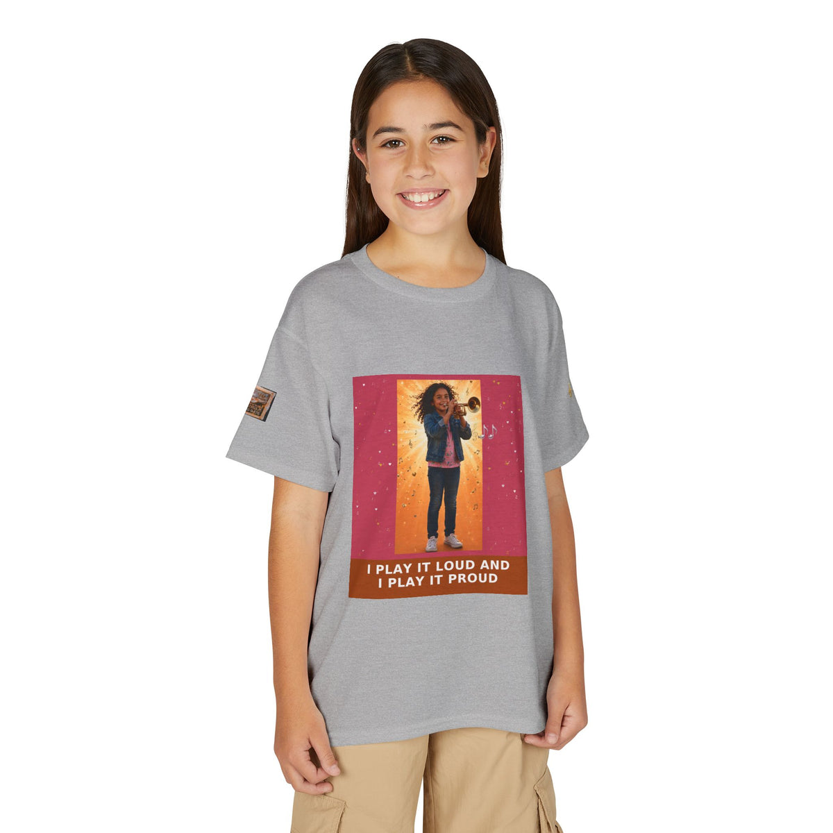 I Play It Loud and I Play It Proud — Latina Girl Trumpet Pre-Teen Musician Tee (Rose)