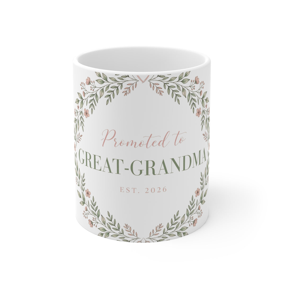 Promoted to Great-Grandma Mug - Floral Wreath Announcement Gift Mug 11oz