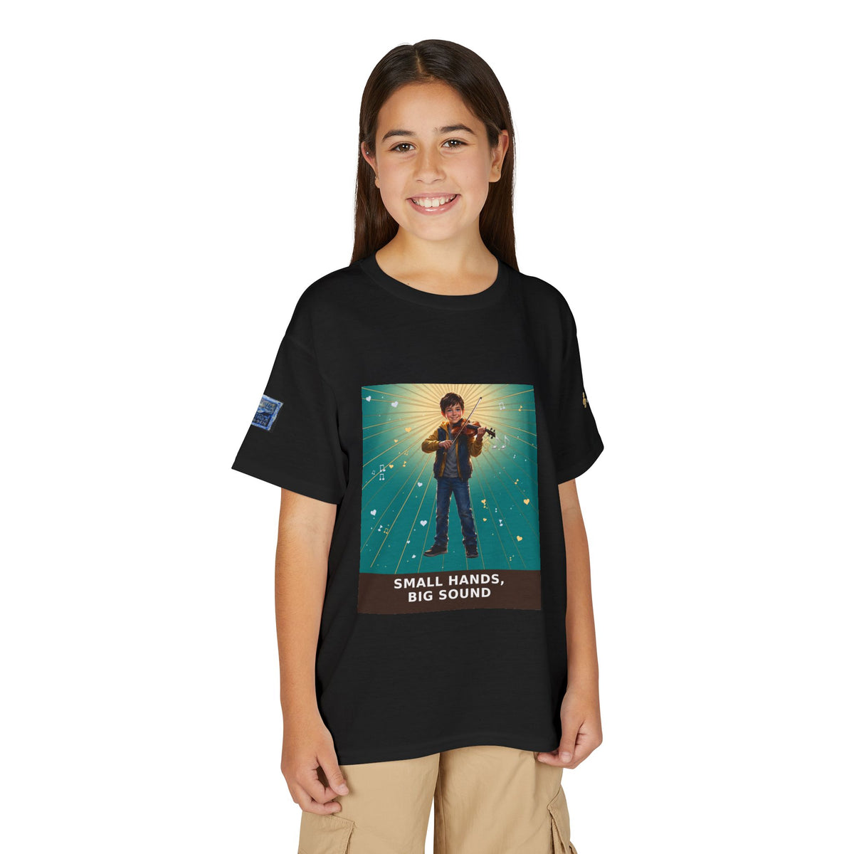 Small Hands, Big Sound — Boy Violin Pre-Teen Musician Tee (Teal)