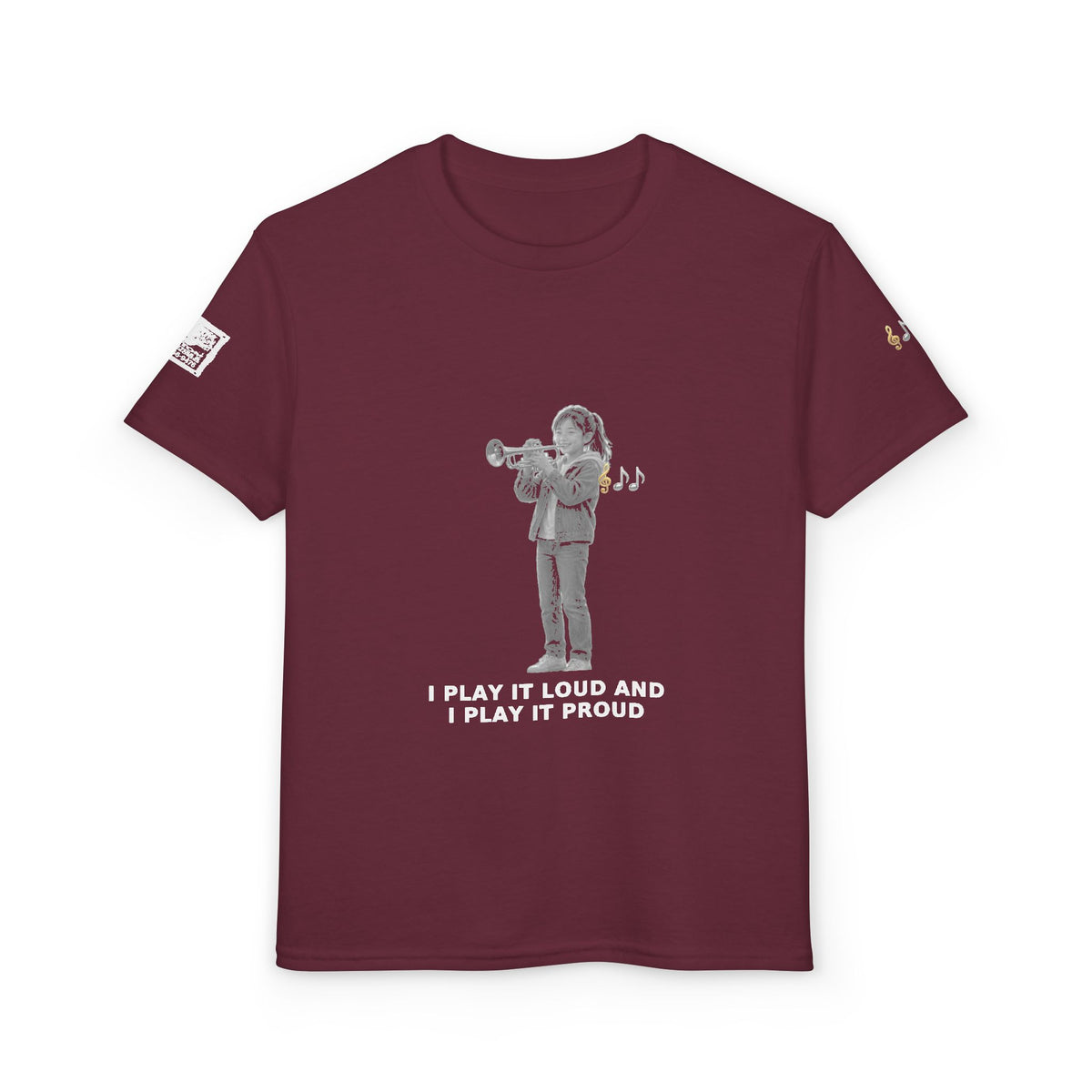 I Play It Loud and I Play It Proud — Asian Girl Trumpet Pre-Teen Musician Tee (White Ink) (Budget Edition)