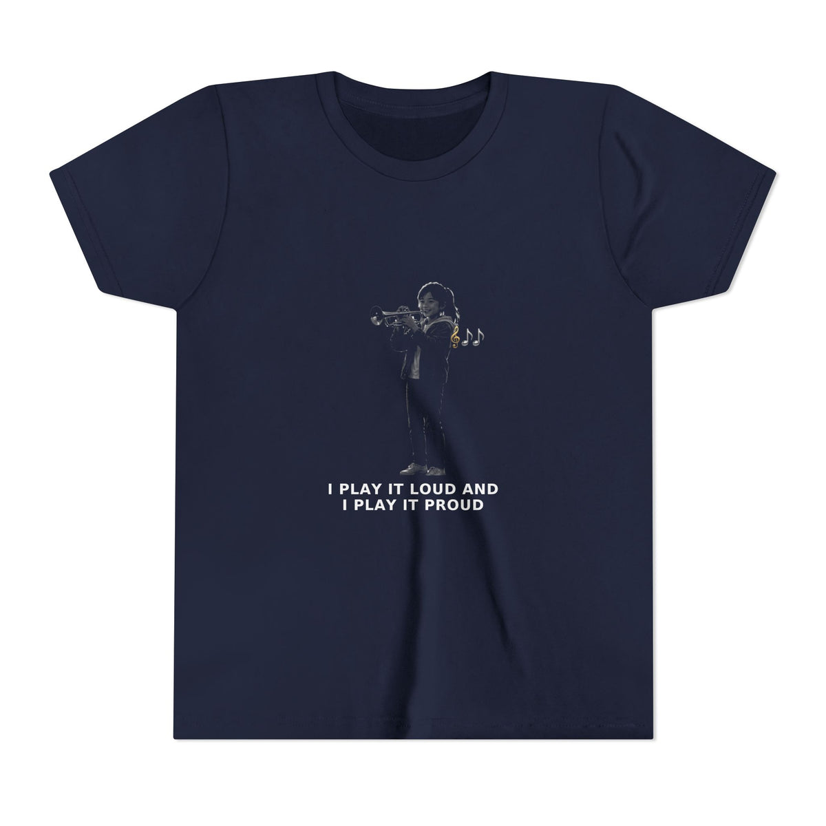 I Play It Loud and I Play It Proud — Asian Girl Trumpet Pre-Teen Musician Tee (White Ink) (Front Print)