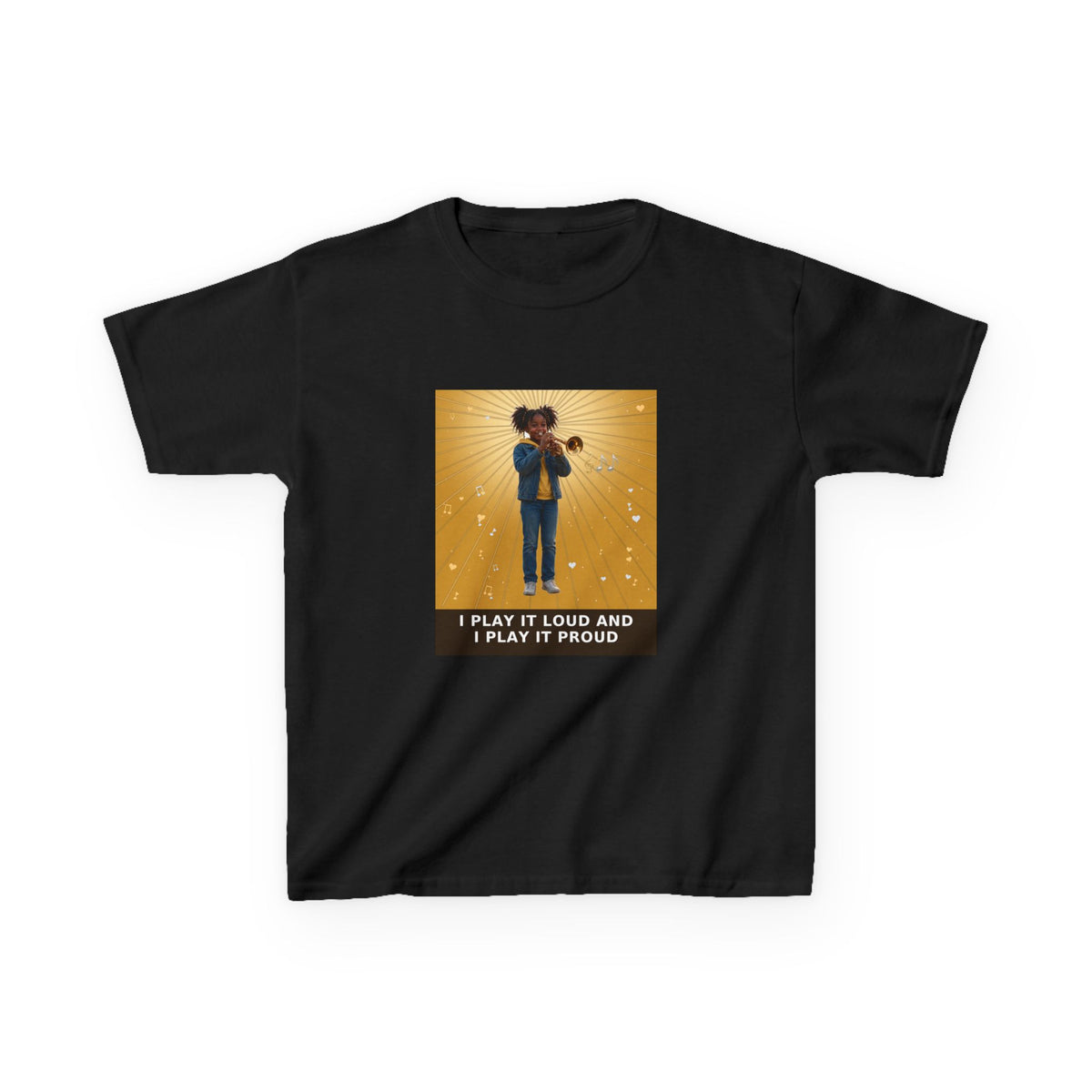 I Play It Loud and I Play It Proud — Black Girl Trumpet Pre-Teen Musician Tee (Golden Amber) (Budget Edition) (Front Print)