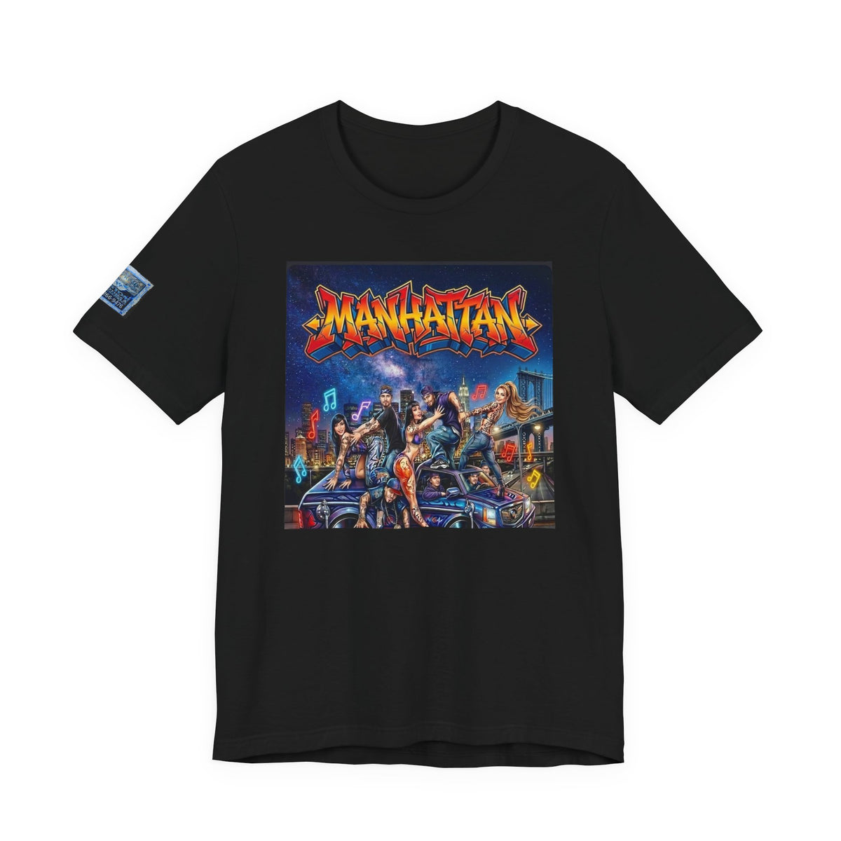 Manhattan Graffiti Car T-Shirt — NYC Street Art Front Print, Badge Sleeve