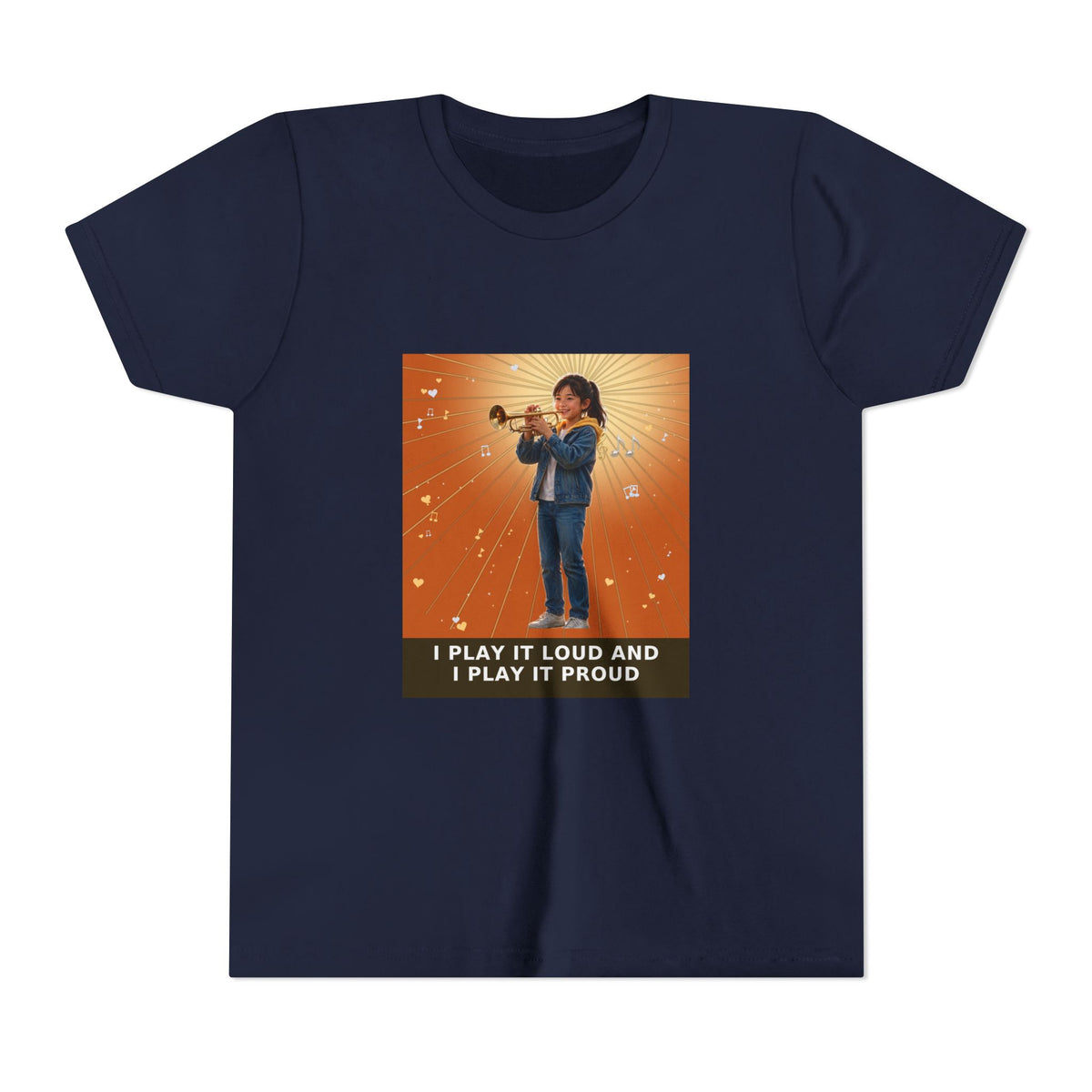 I Play It Loud and I Play It Proud — Asian Girl Trumpet Pre-Teen Musician Tee (Sunset Orange) (Front Print)