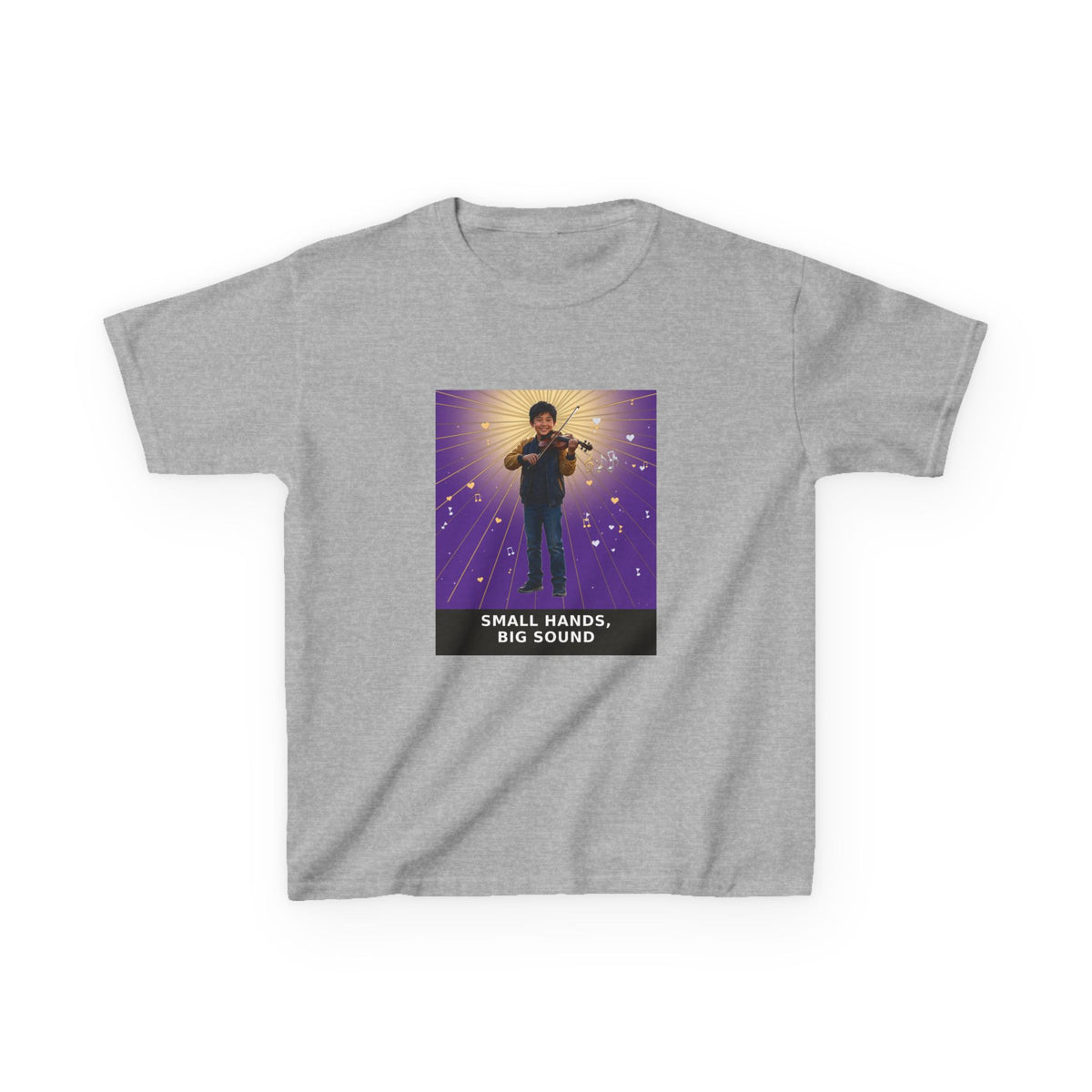 Small Hands, Big Sound — Asian Boy Violin Pre-Teen Musician Tee (Royal Purple) (Budget Edition) (Front Print)