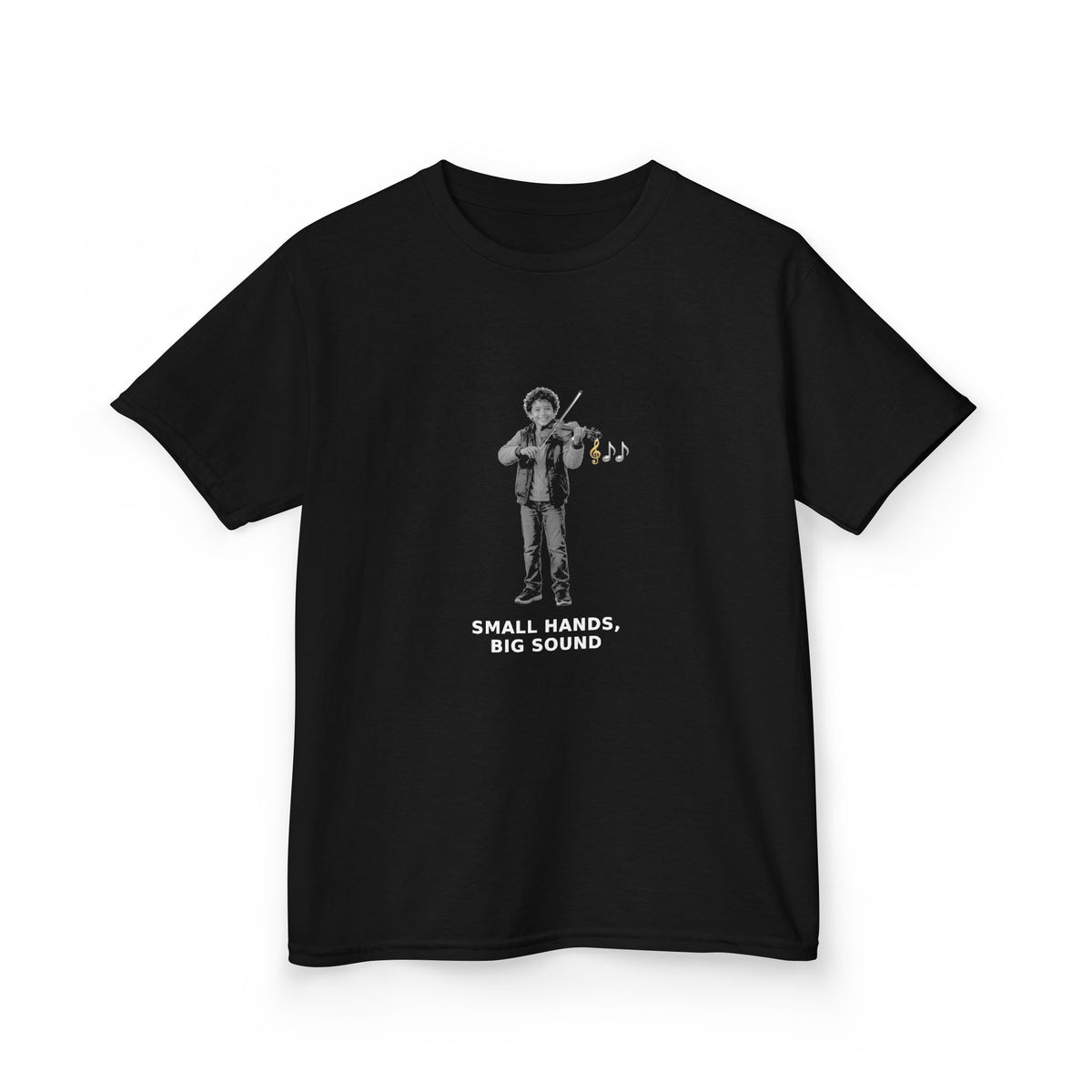 Small Hands, Big Sound — Latino Boy Violin Pre-Teen Musician Tee (White Ink) (Budget Edition) (Front Print)