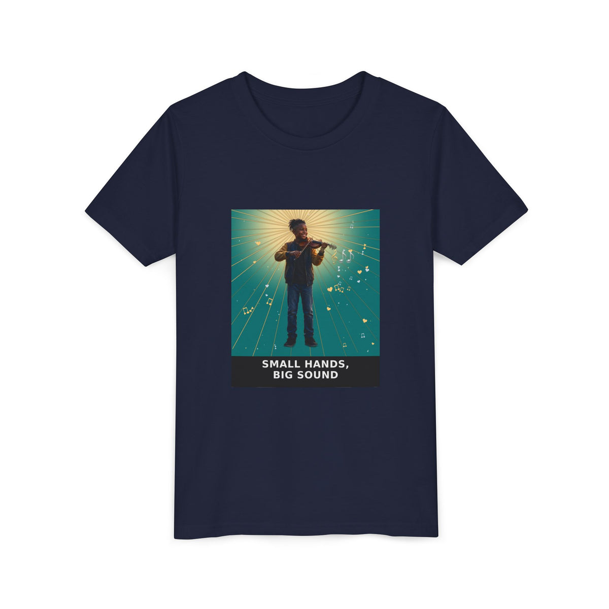 Small Hands, Big Sound — Black Boy Violin Pre-Teen Musician Tee (Teal) (Front Print)