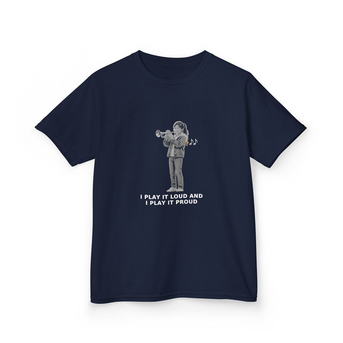 I Play It Loud and I Play It Proud — Asian Girl Trumpet Pre-Teen Musician Tee (White Ink) (Budget Edition) (Front Print)