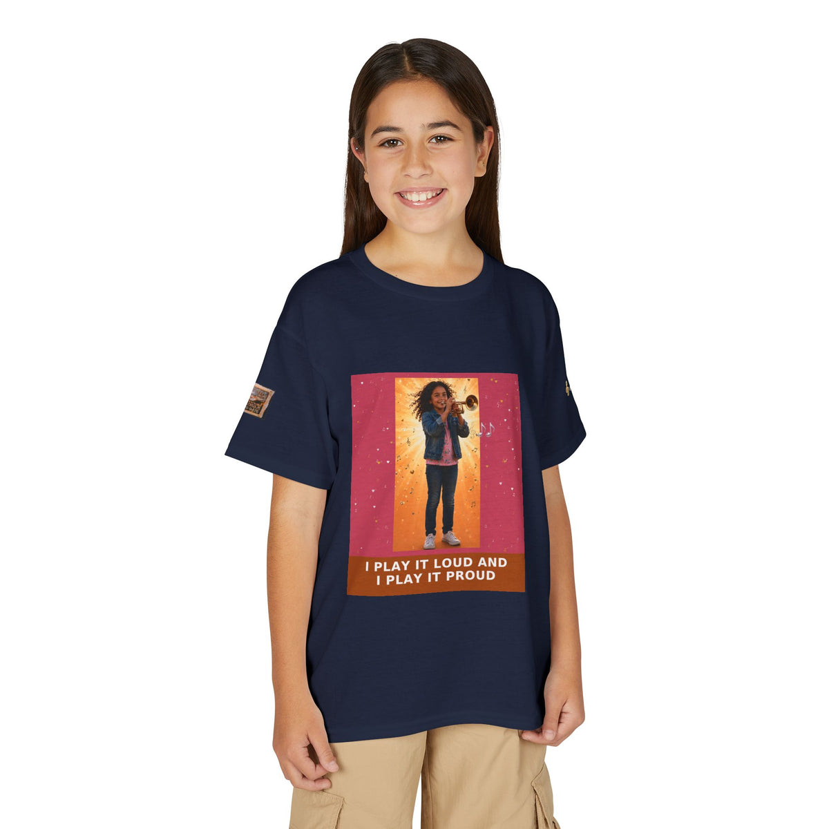 I Play It Loud and I Play It Proud — Latina Girl Trumpet Pre-Teen Musician Tee (Rose)