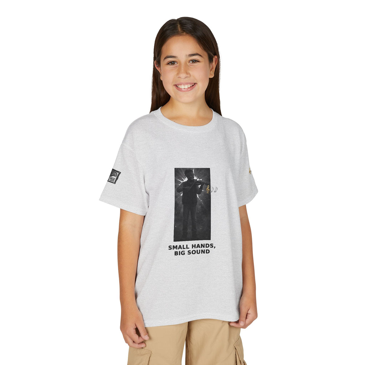 Small Hands, Big Sound — Black Boy Violin Pre-Teen Musician Tee (Black Ink)