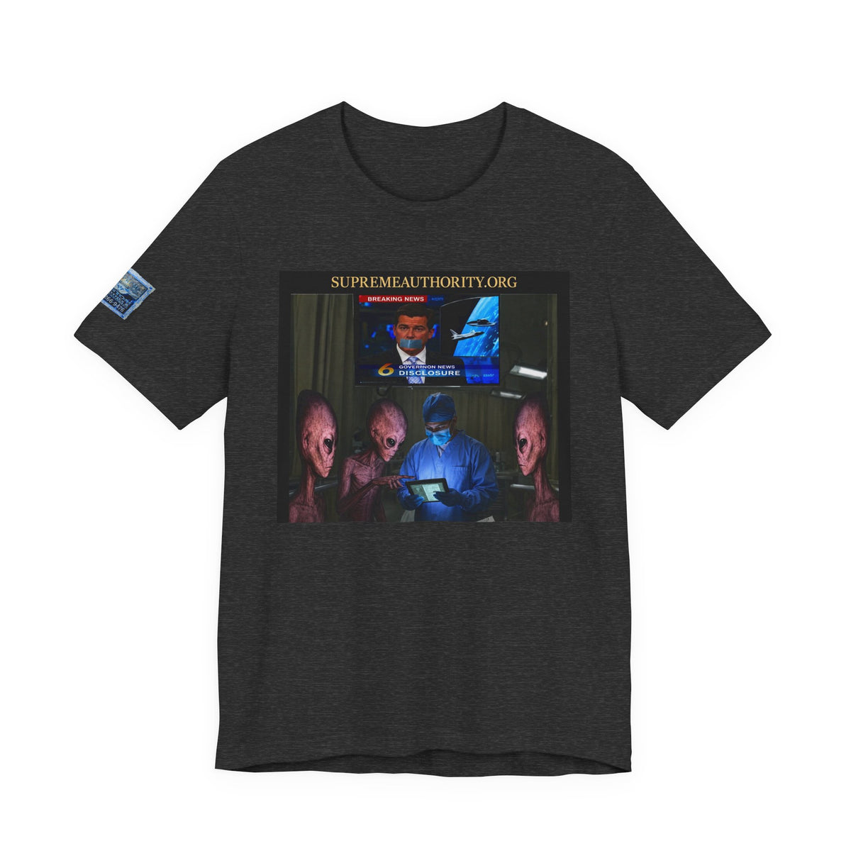 Alien Disclosure T-Shirt - UFO News Cover-Up, Funny Alien Surgery Art, Badge Sleeve