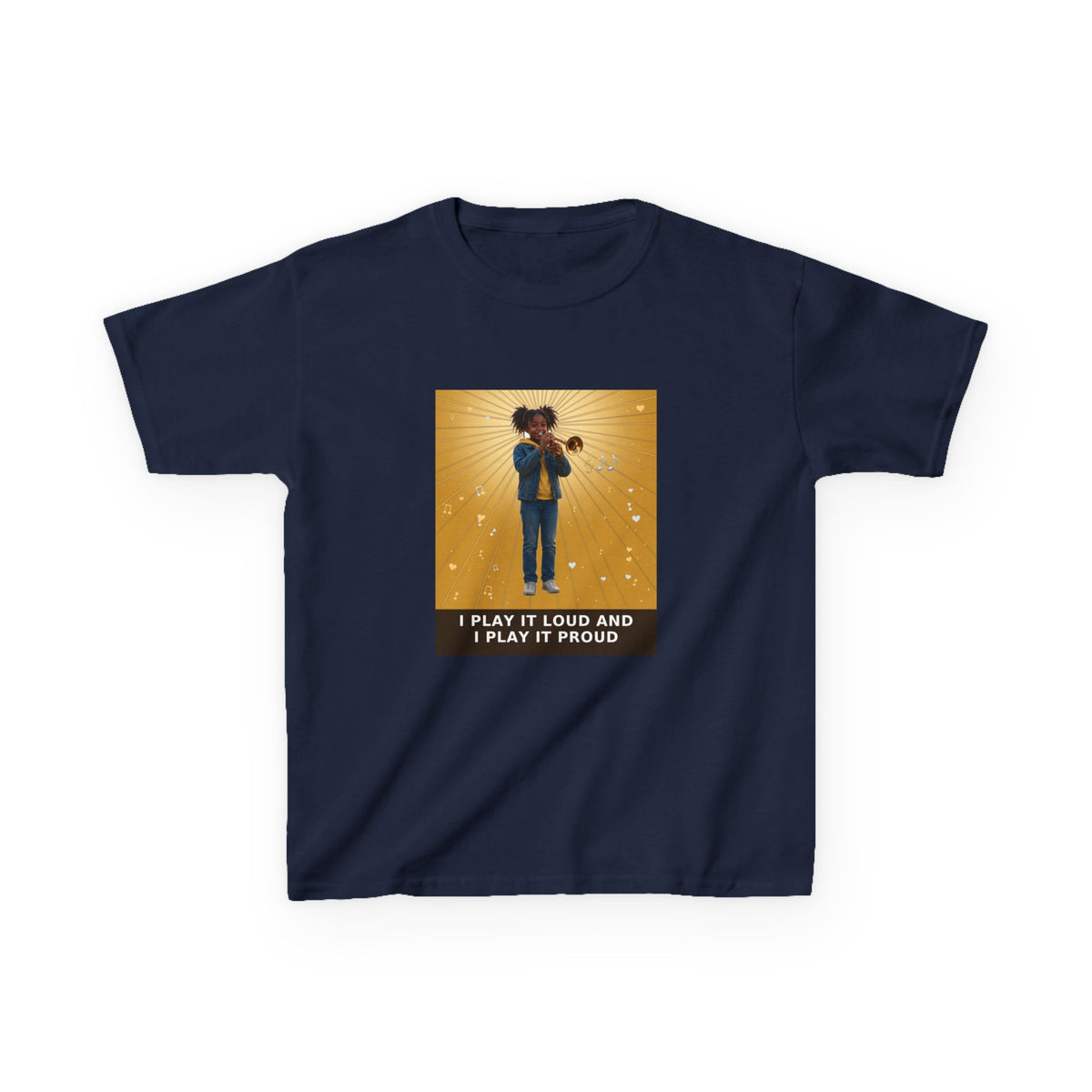 I Play It Loud and I Play It Proud — Black Girl Trumpet Pre-Teen Musician Tee (Golden Amber) (Budget Edition) (Front Print)