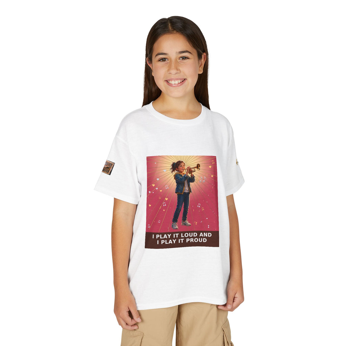 I Play It Loud and I Play It Proud — Girl Trumpet Pre-Teen Musician Tee (Rose)