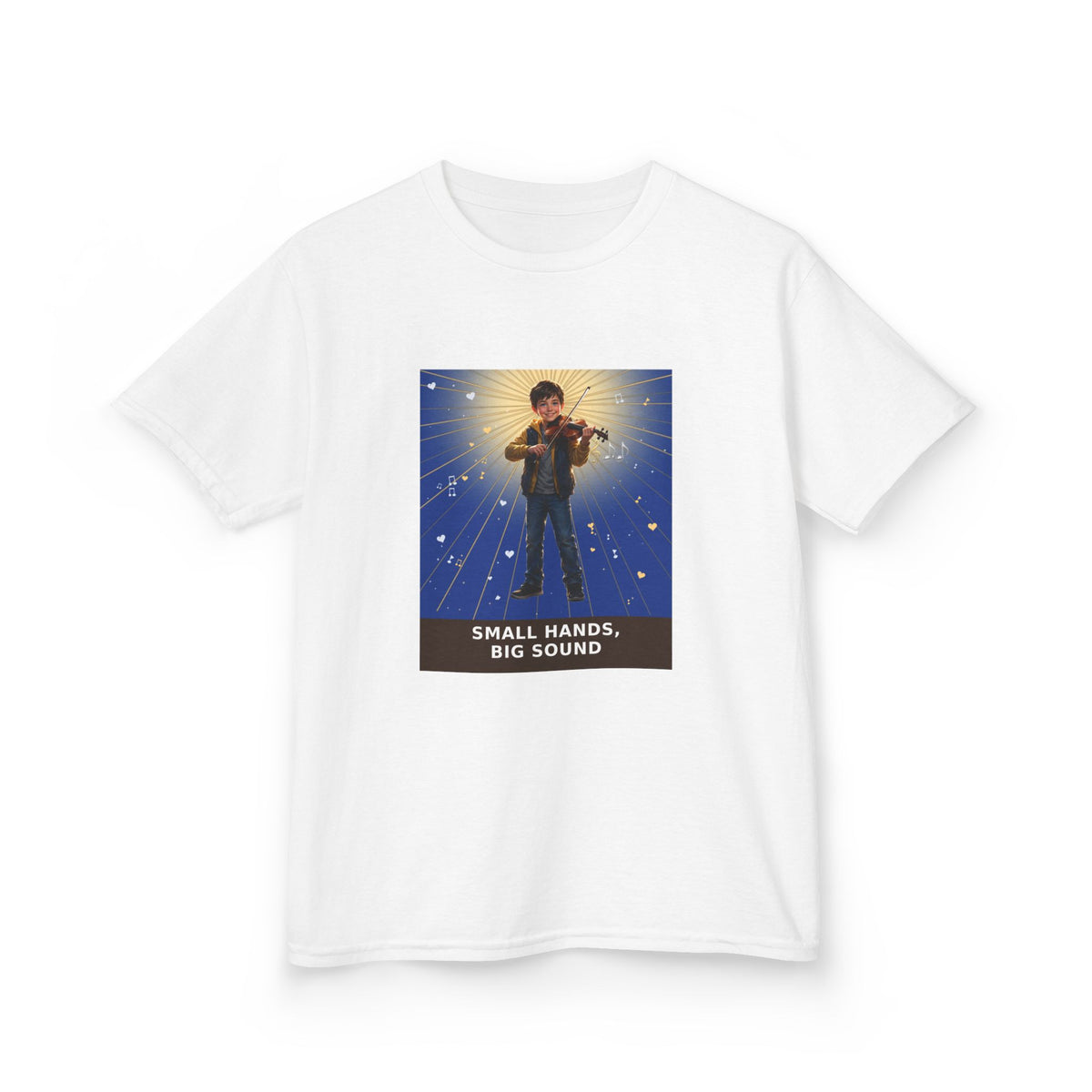 Small Hands, Big Sound — Boy Violin Pre-Teen Musician Tee (Deep Blue) (Budget Edition) (Front Print)