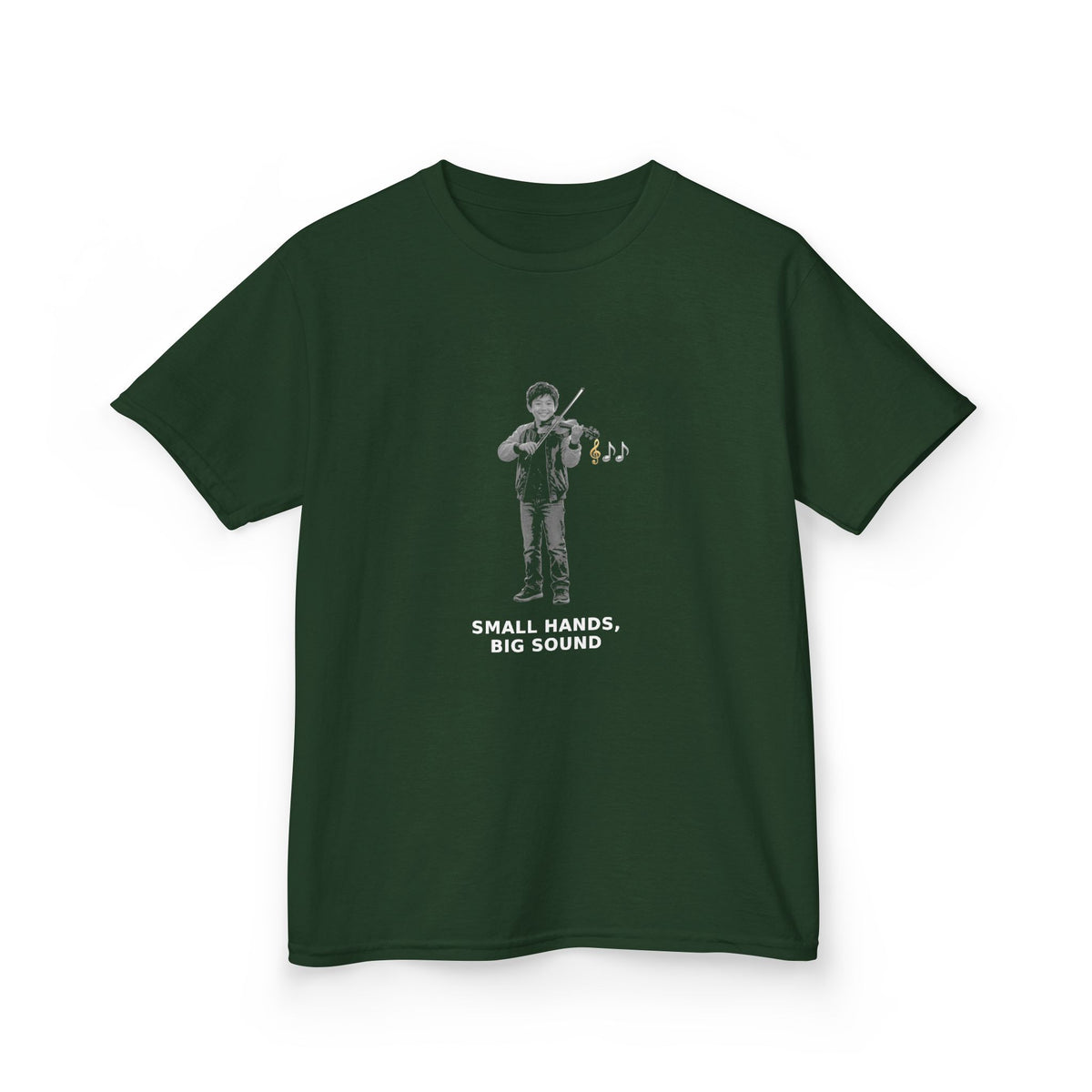Small Hands, Big Sound — Asian Boy Violin Pre-Teen Musician Tee (White Ink) (Budget Edition) (Front Print)