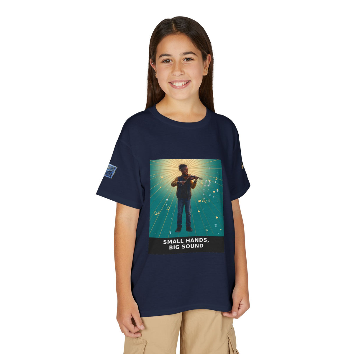 Small Hands, Big Sound — Black Boy Violin Pre-Teen Musician Tee (Teal)
