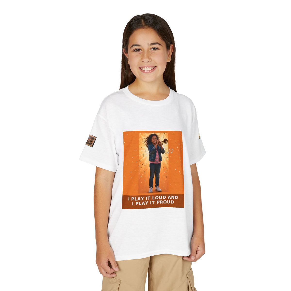 I Play It Loud and I Play It Proud — Latina Girl Trumpet Pre-Teen Musician Tee (Sunset Orange)