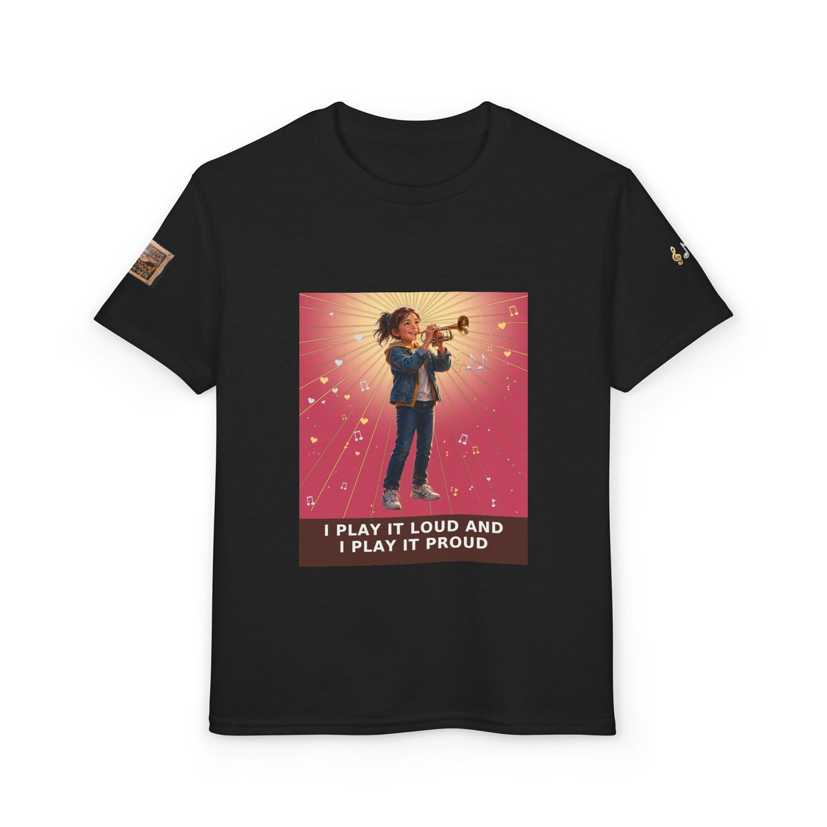 I Play It Loud and I Play It Proud — Girl Trumpet Pre-Teen Musician Tee (Rose)